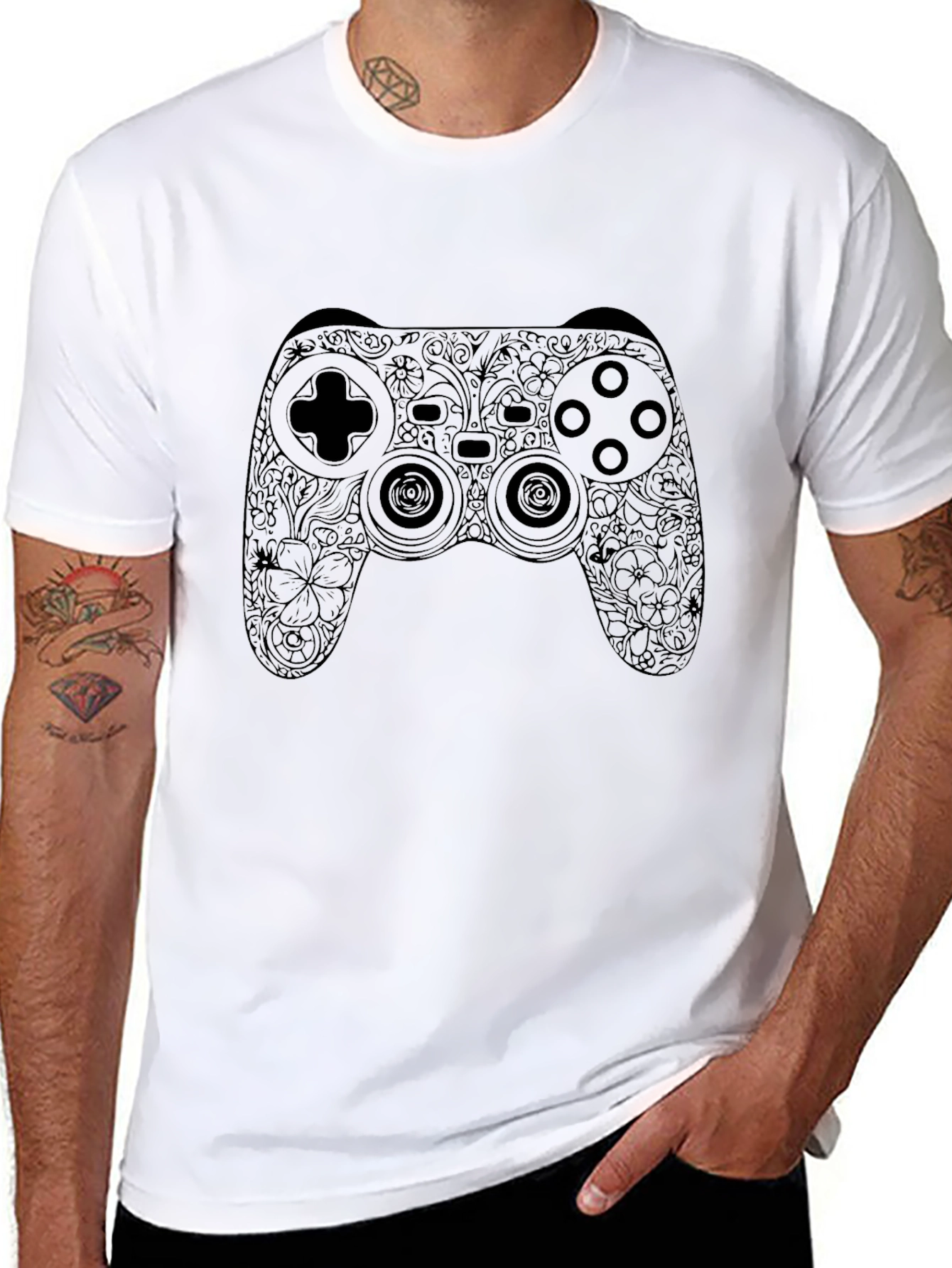 Floral Game Controller Graphic Black T-Shirt