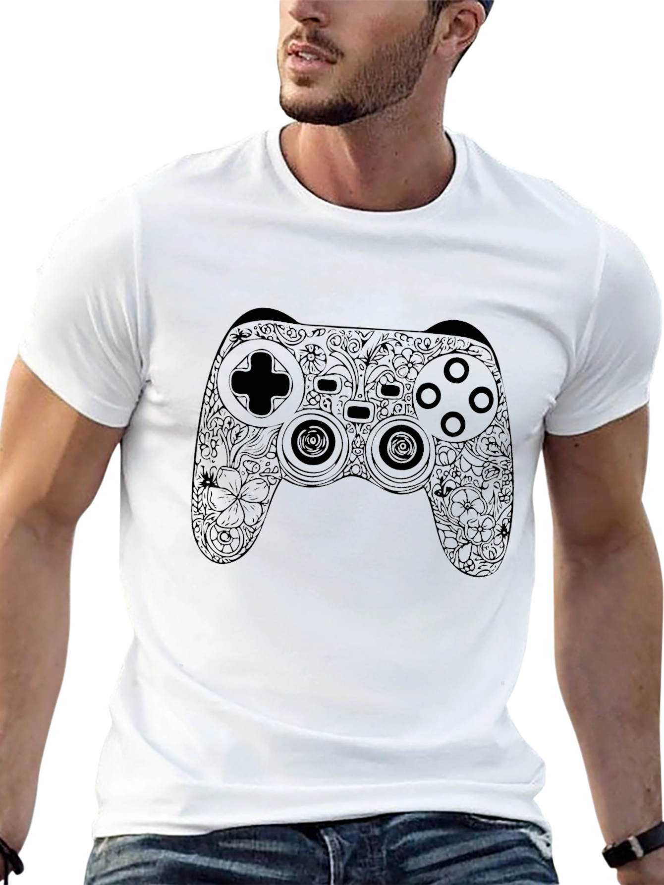 Floral Game Controller Graphic Black T-Shirt