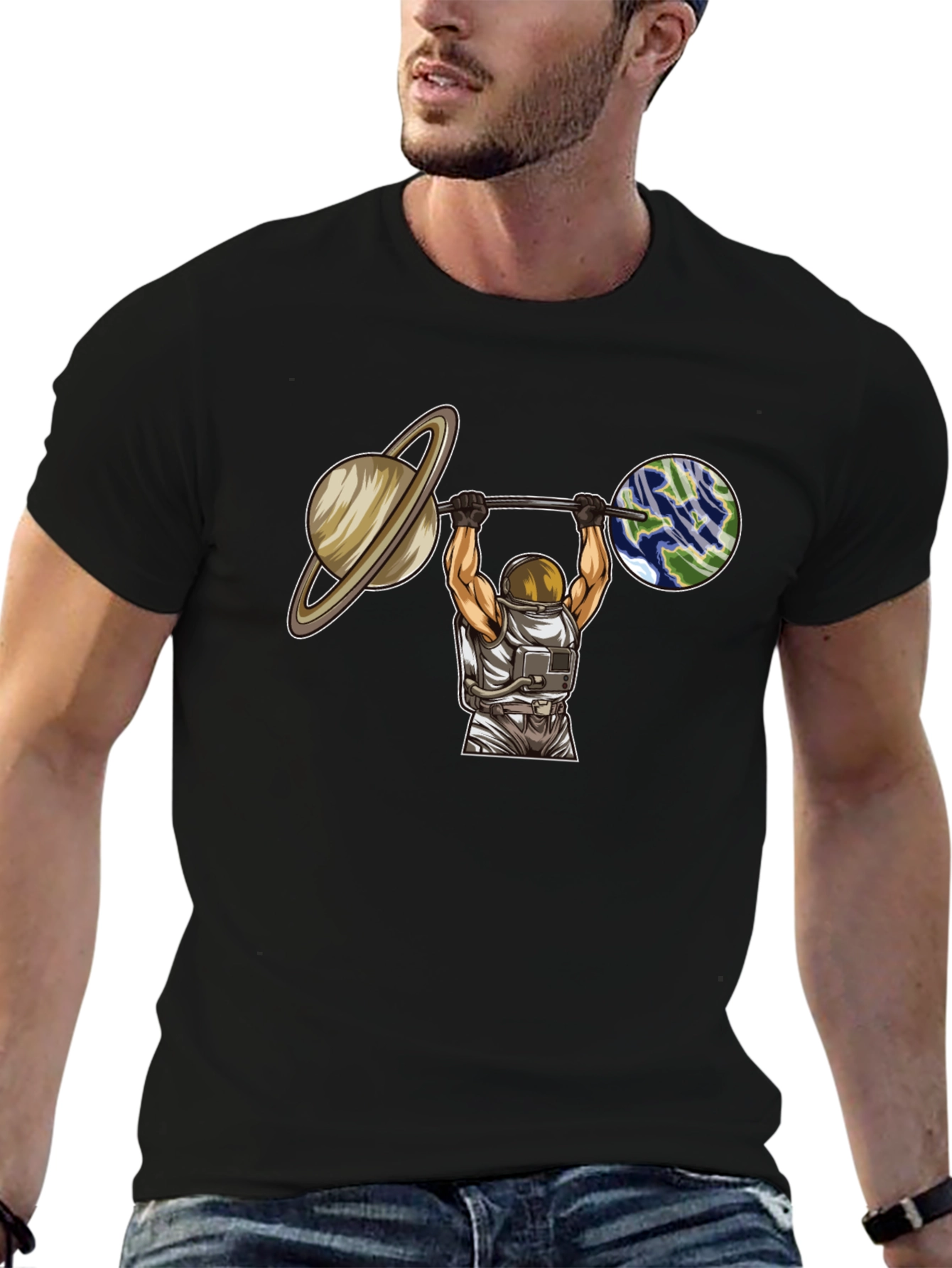 Astronaut Lifting Planets Graphic T-Shirt