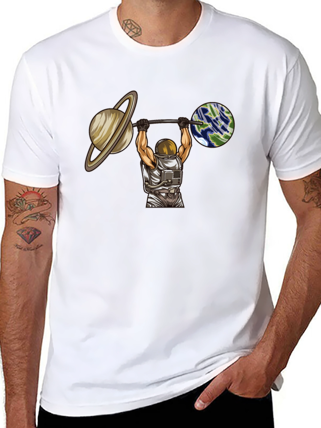 Astronaut Lifting Planets Graphic T-Shirt