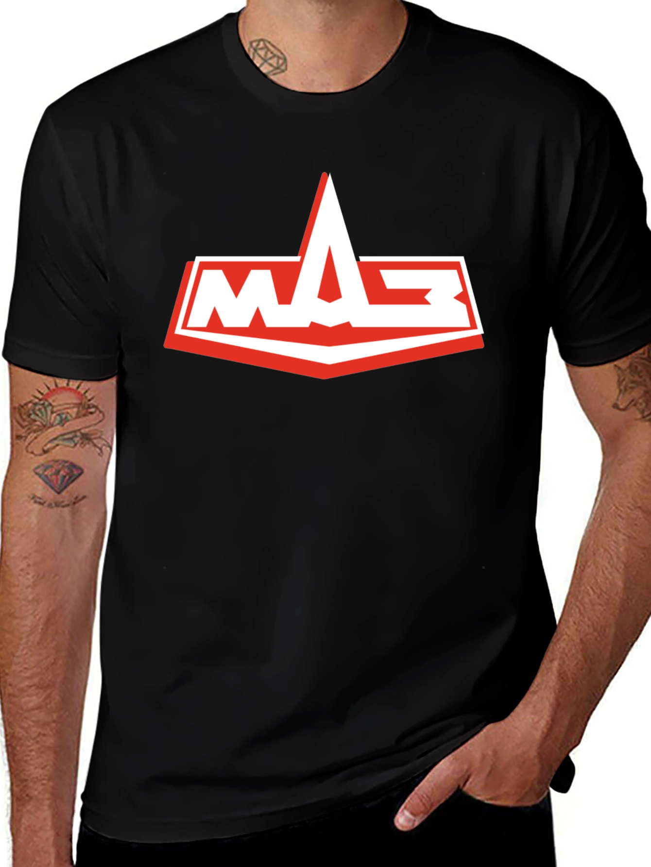 Mens Black T-Shirt with White and Red Logo