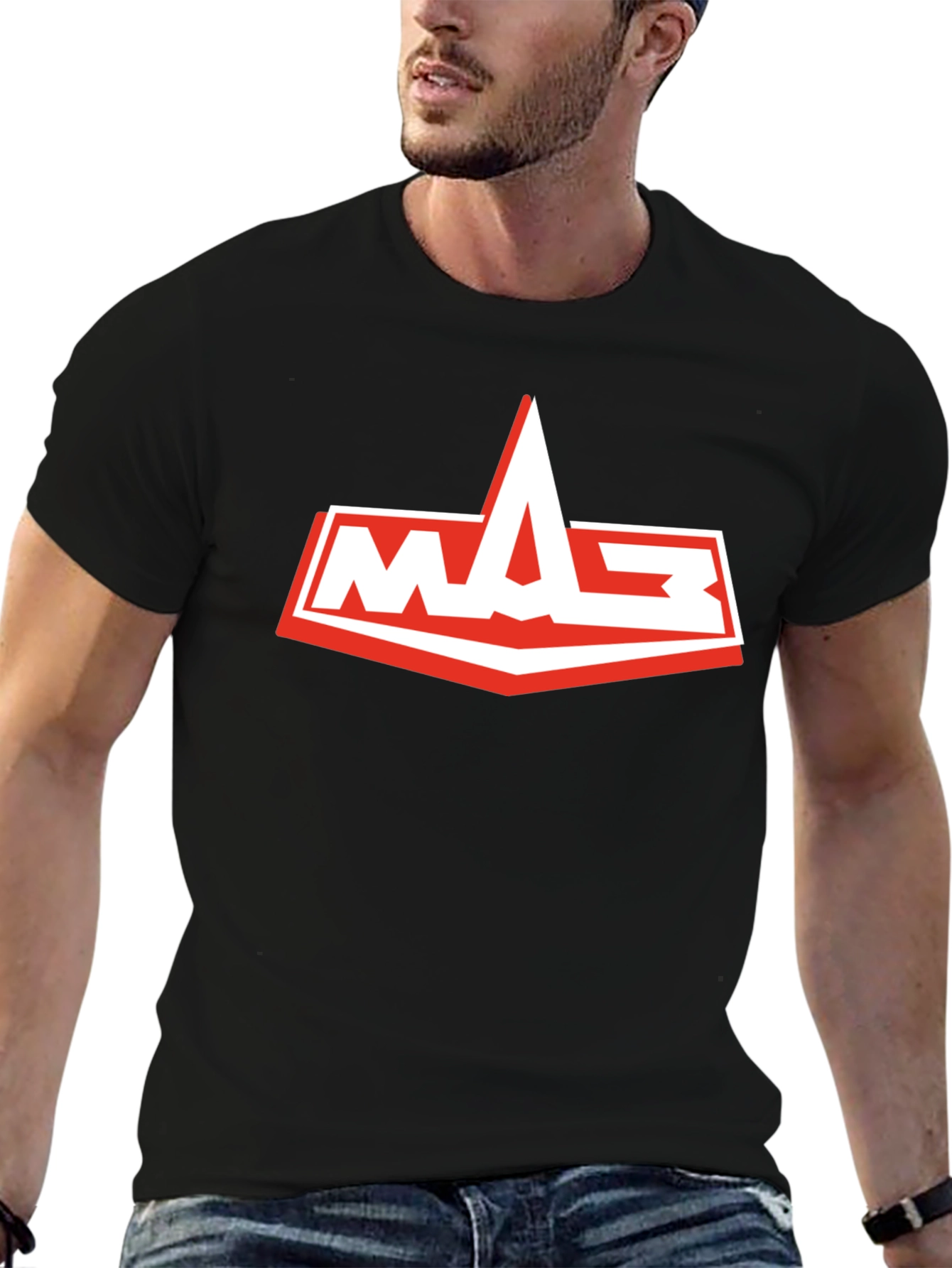 Mens Black T-Shirt with White and Red Logo