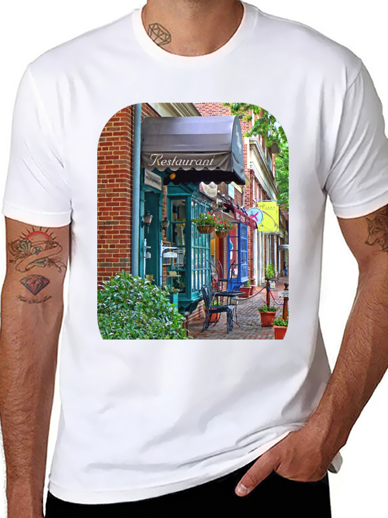 Restaurant Street Scene T-Shirt - Unique Design