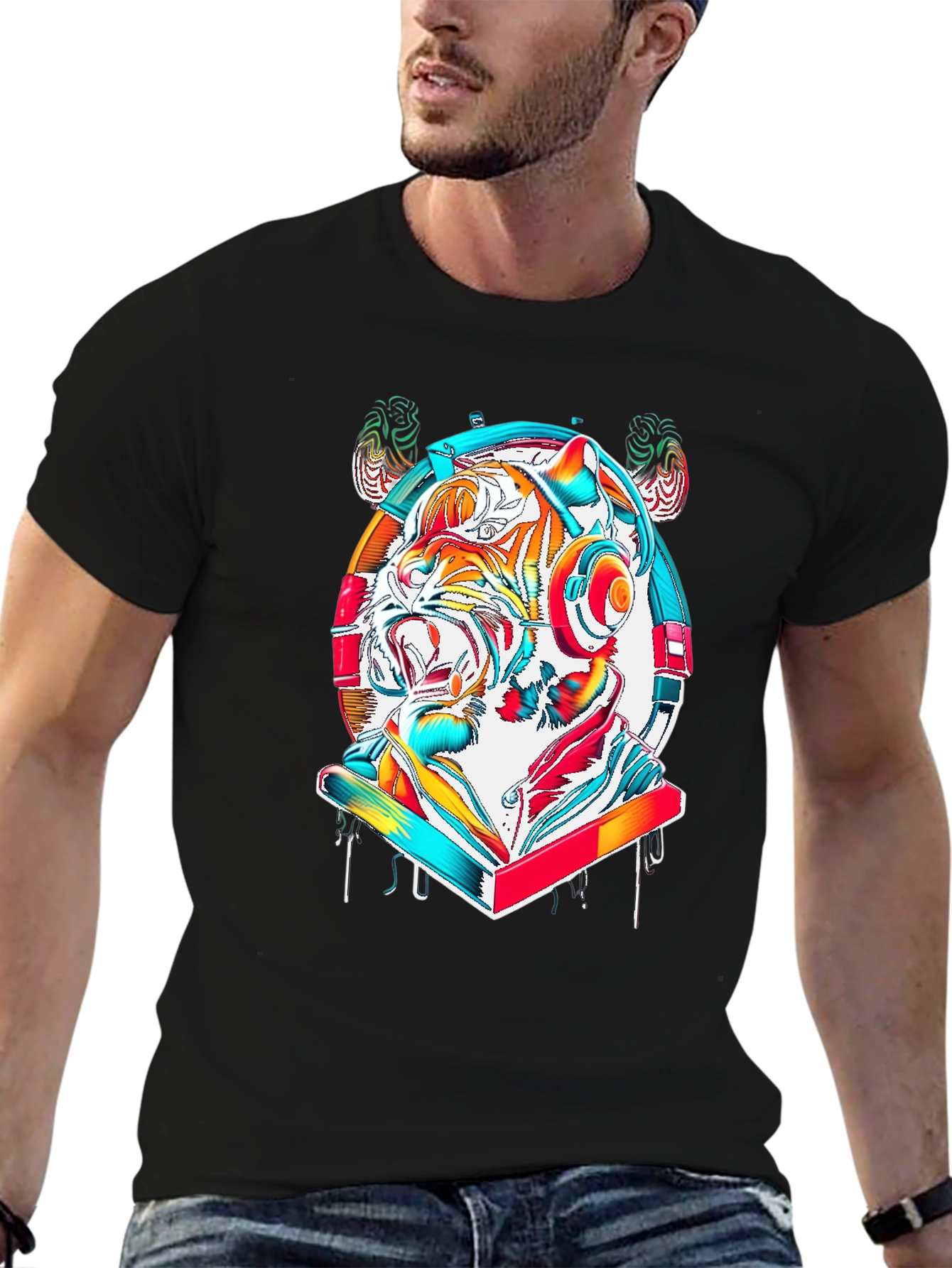 Vibrant Tiger DJ Graphic Tee - Stylish Cotton Blend