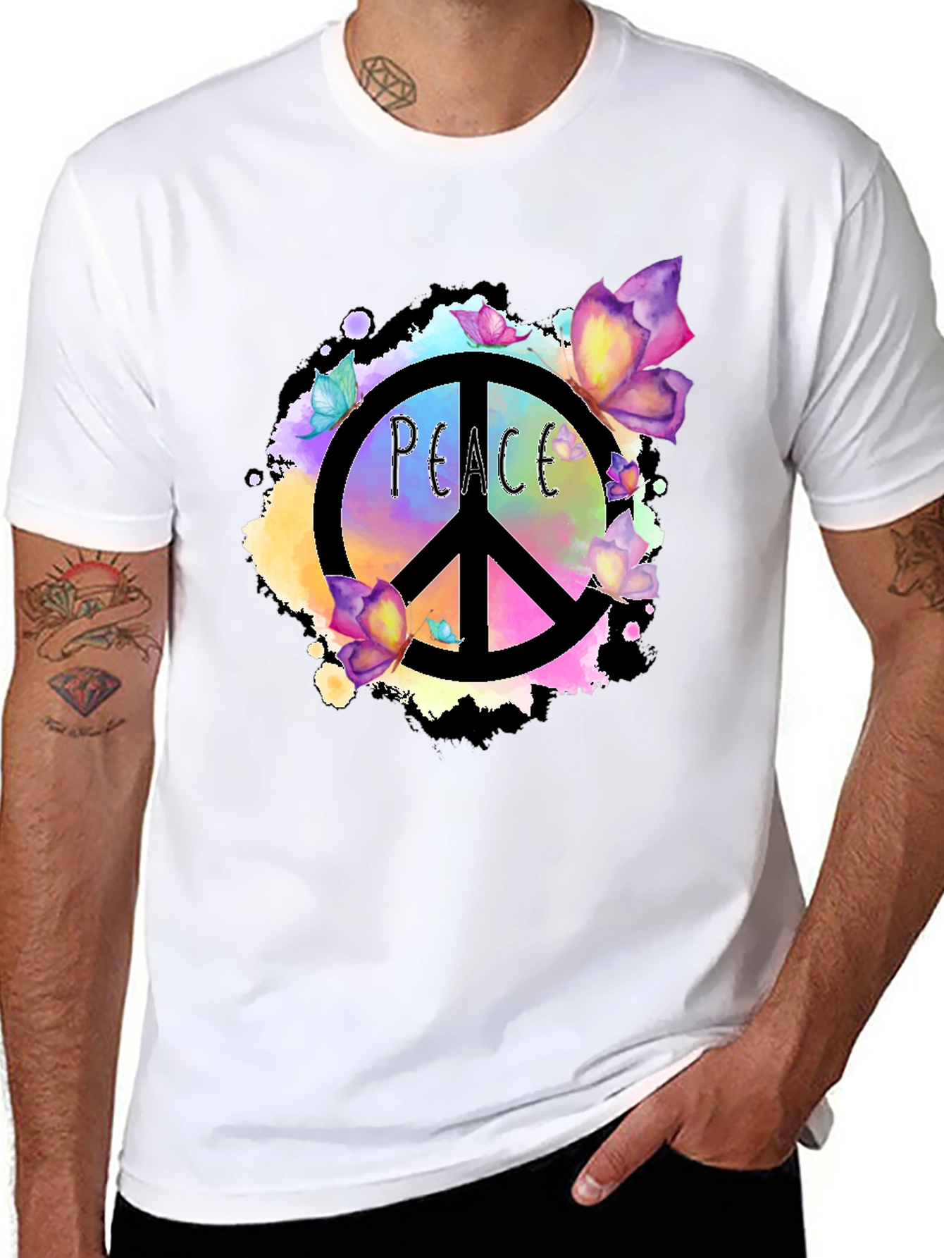 Peace Sign Butterfly Graphic Black T-Shirt