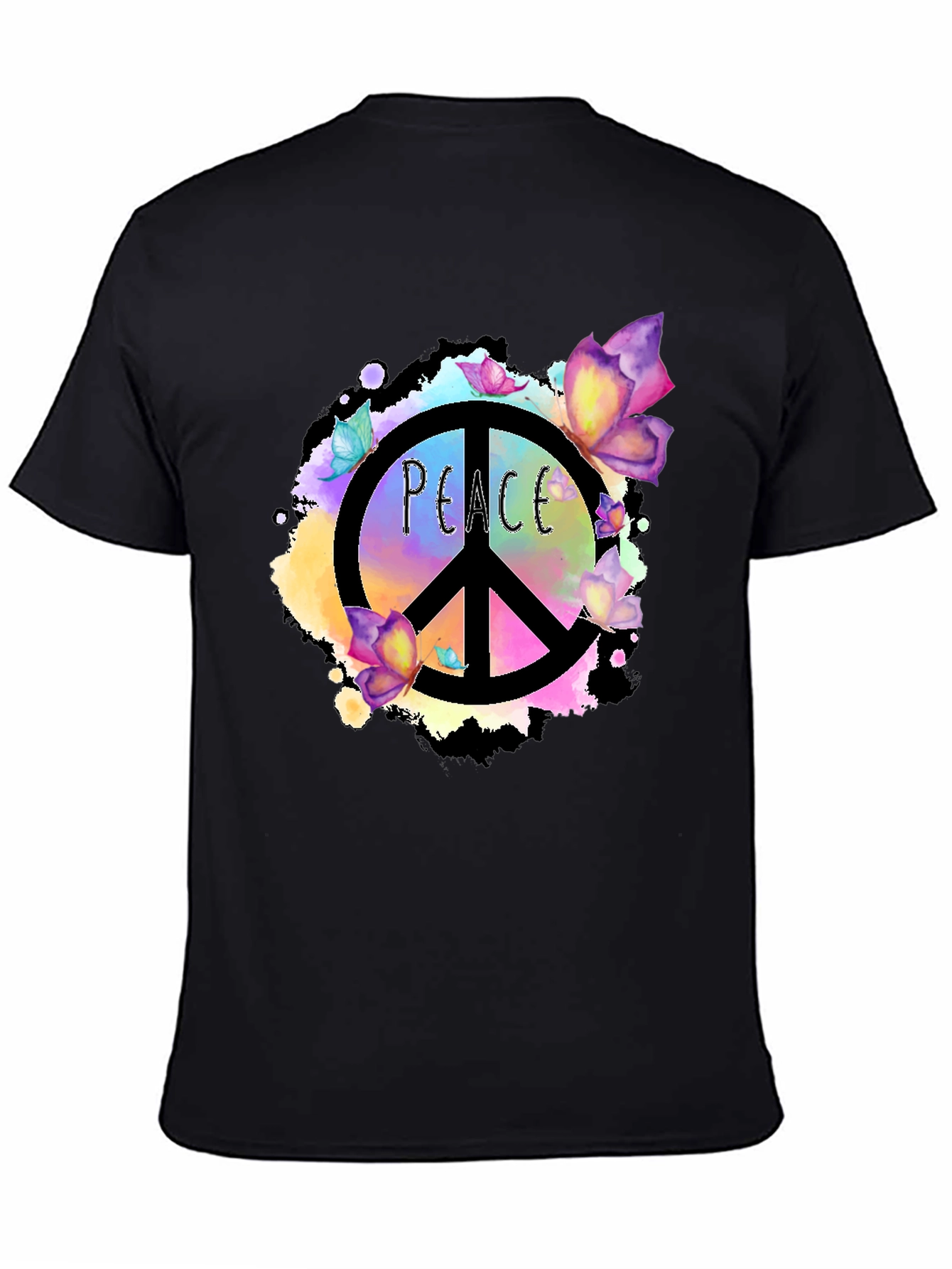 Peace Sign Butterfly Graphic Black T-Shirt
