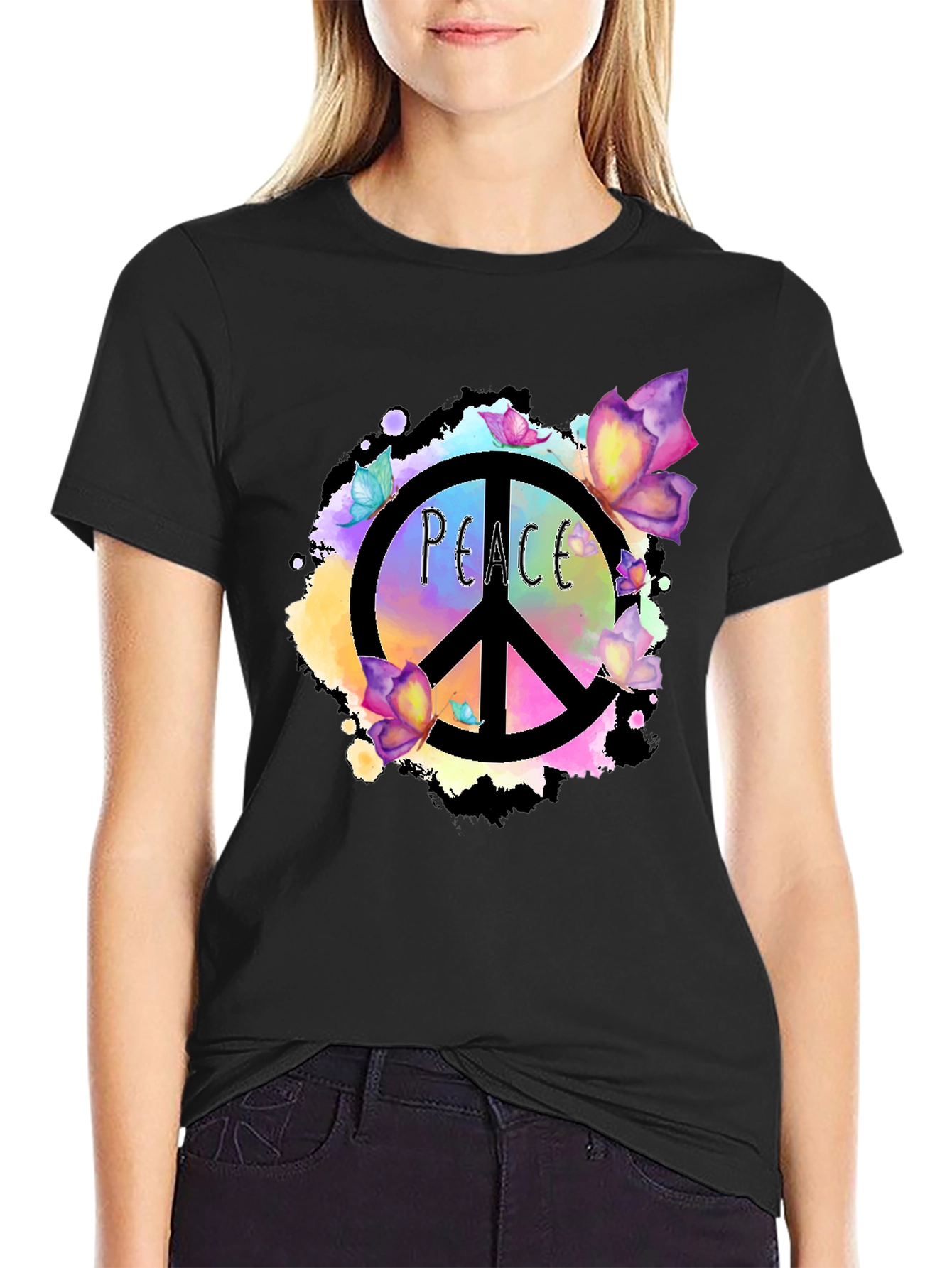 Peace Sign Butterfly Graphic Black T-Shirt