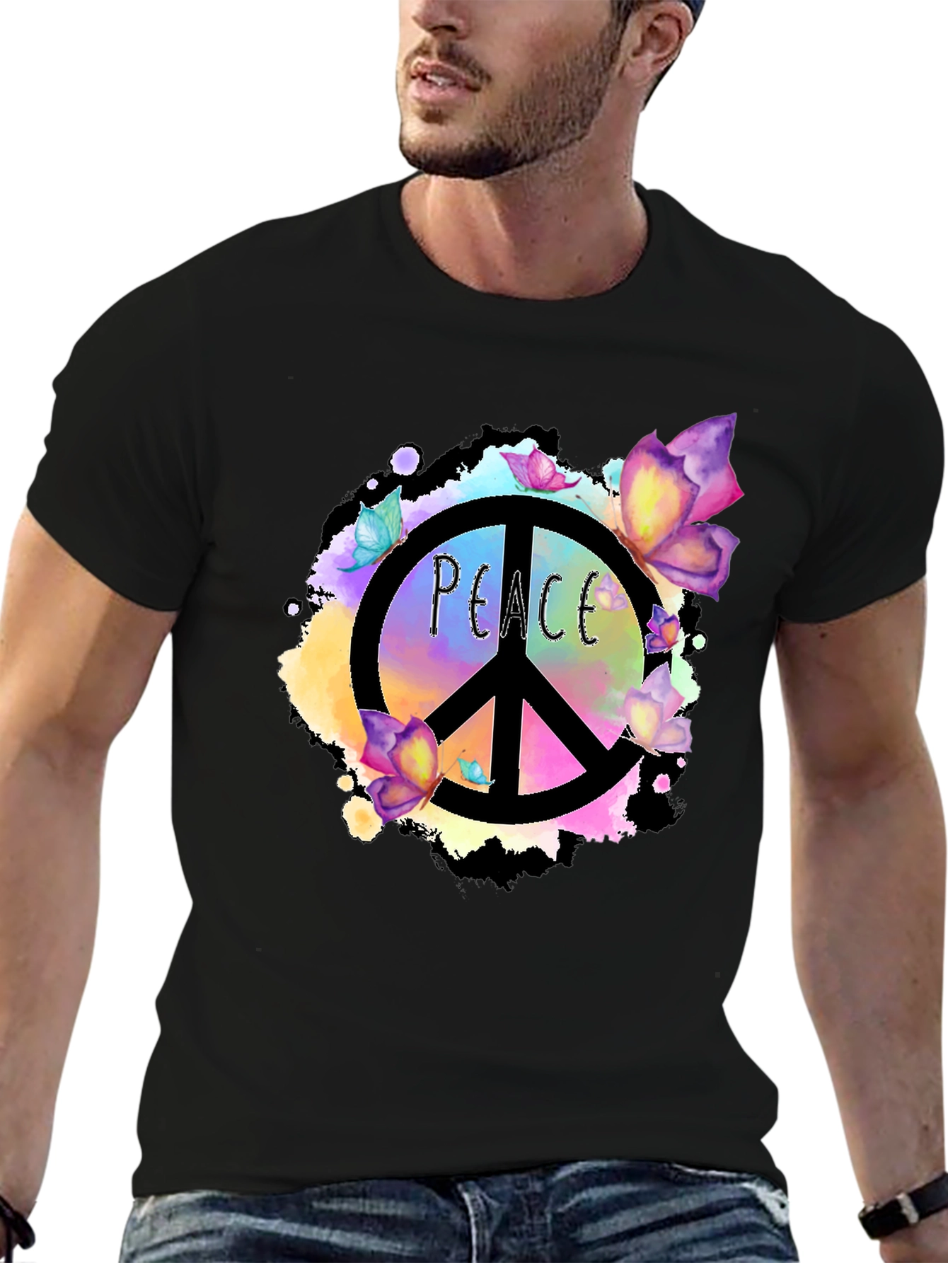 Peace Sign Butterfly Graphic Black T-Shirt