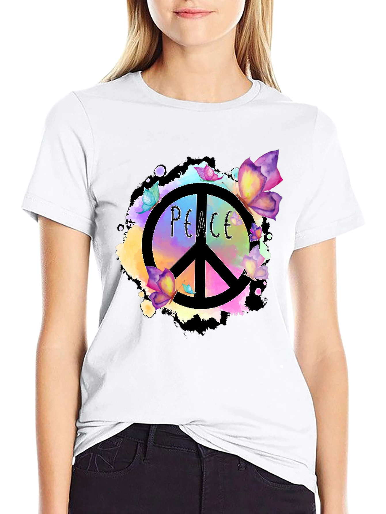 Peace Sign Butterfly Graphic Black T-Shirt
