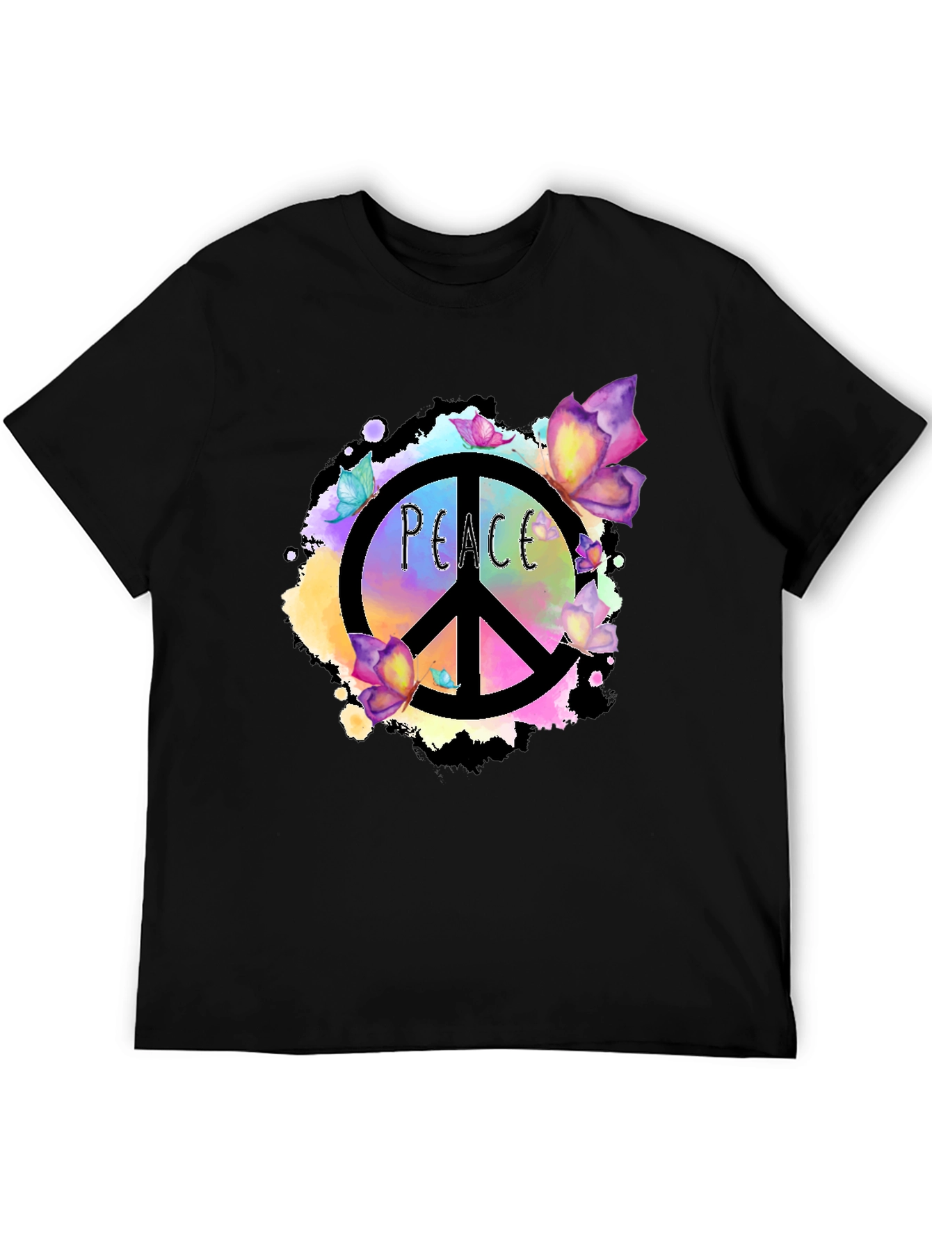 Peace Sign Butterfly Graphic Black T-Shirt