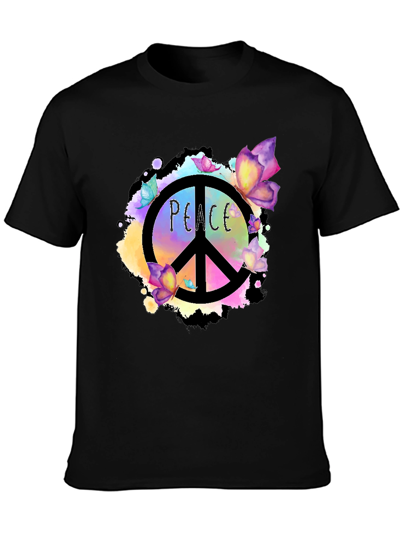 Peace Sign Butterfly Graphic Black T-Shirt