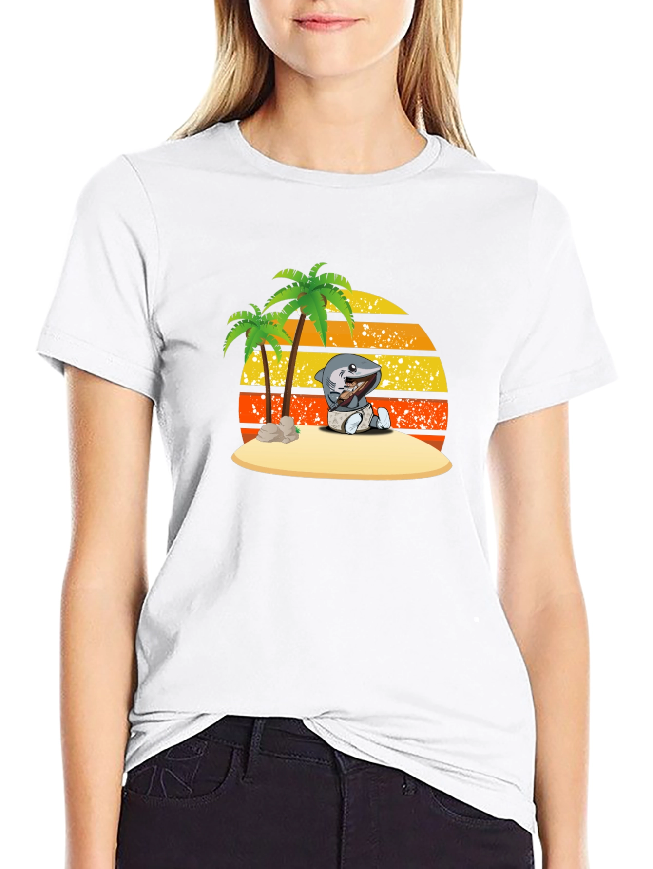 Shark Baby On Island Black T-Shirt