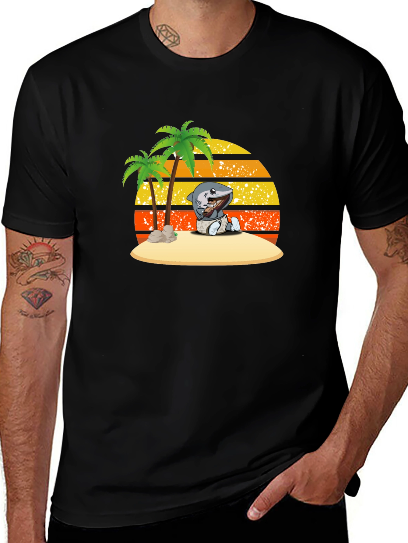 Shark Baby On Island Black T-Shirt