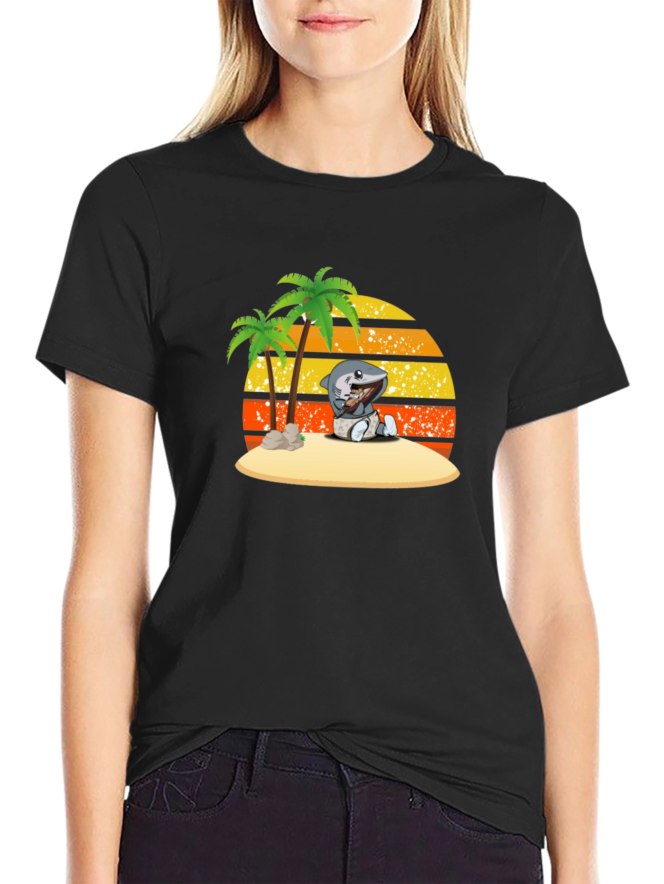 Shark Baby On Island Black T-Shirt