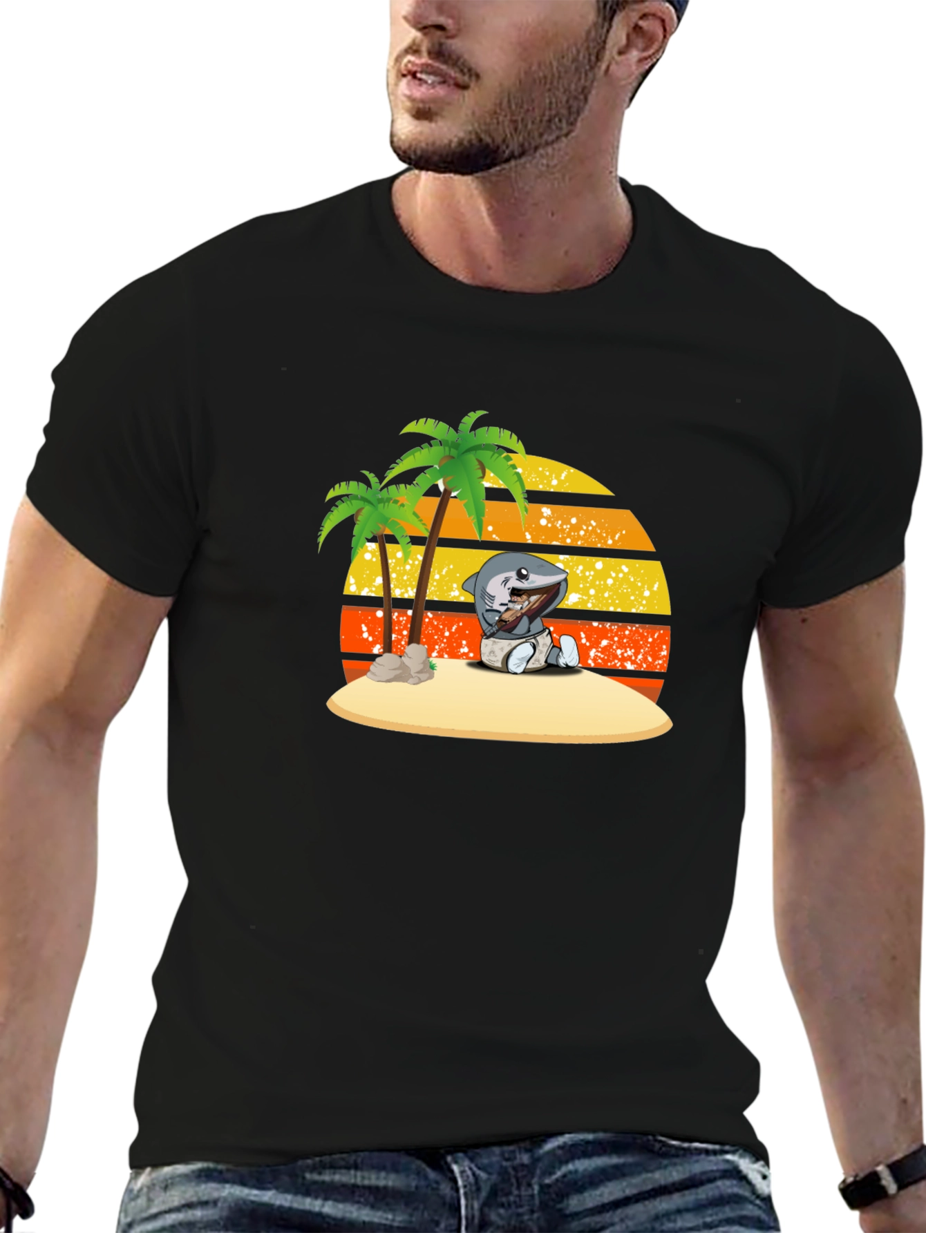 Shark Baby On Island Black T-Shirt