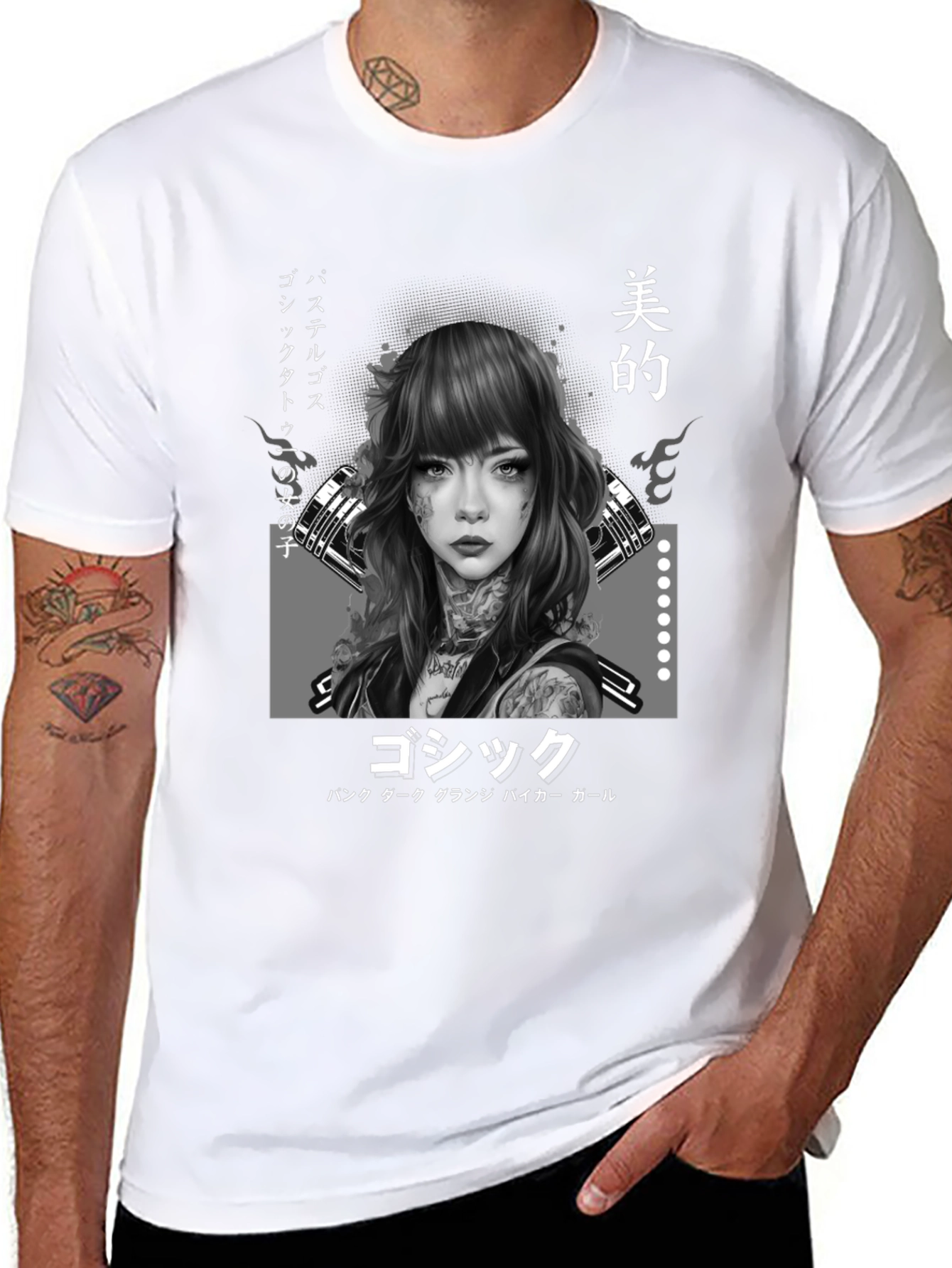 Gothic Japanese Girl Tattoo Art Black T-Shirt