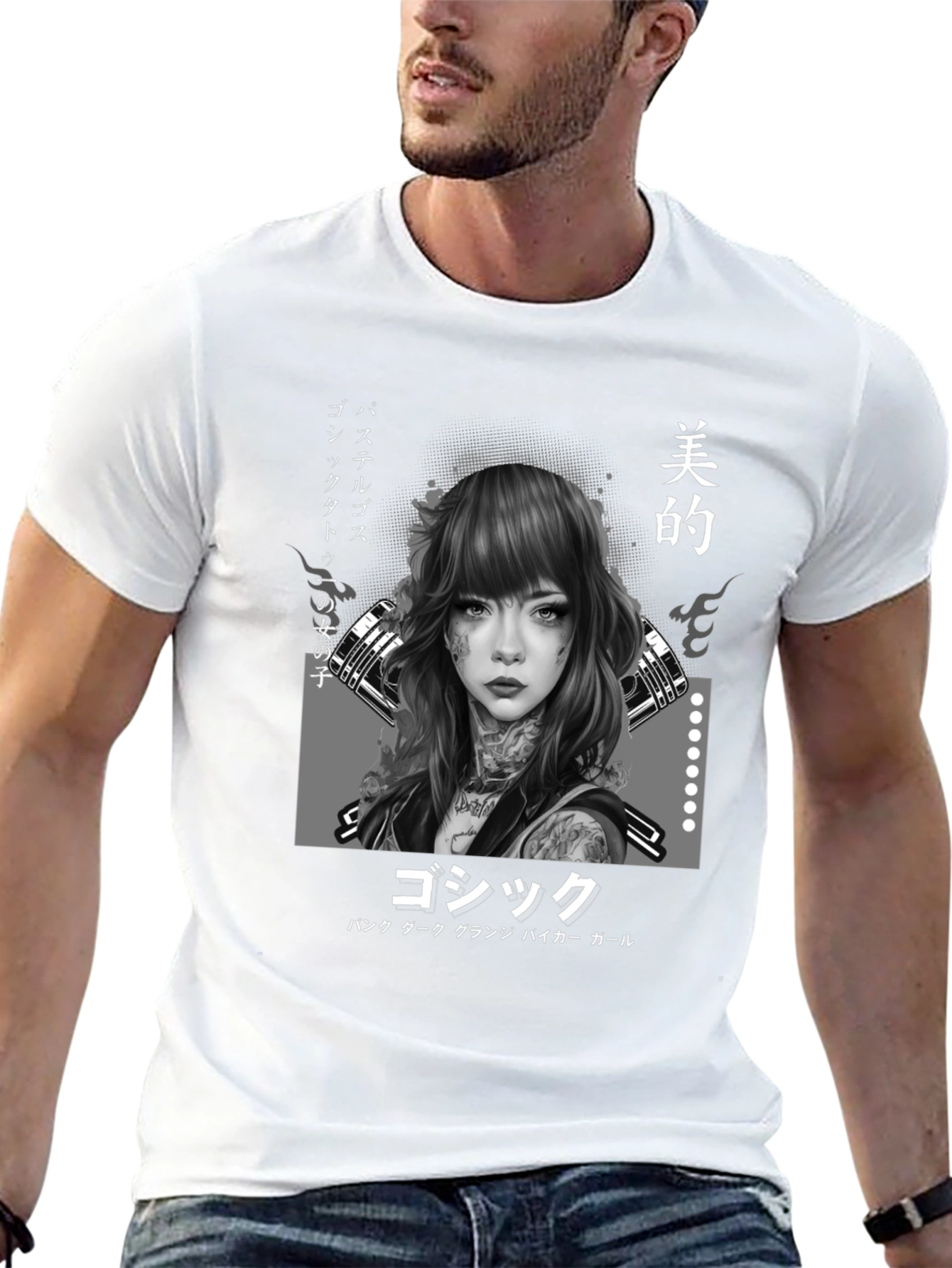 Gothic Japanese Girl Tattoo Art Black T-Shirt