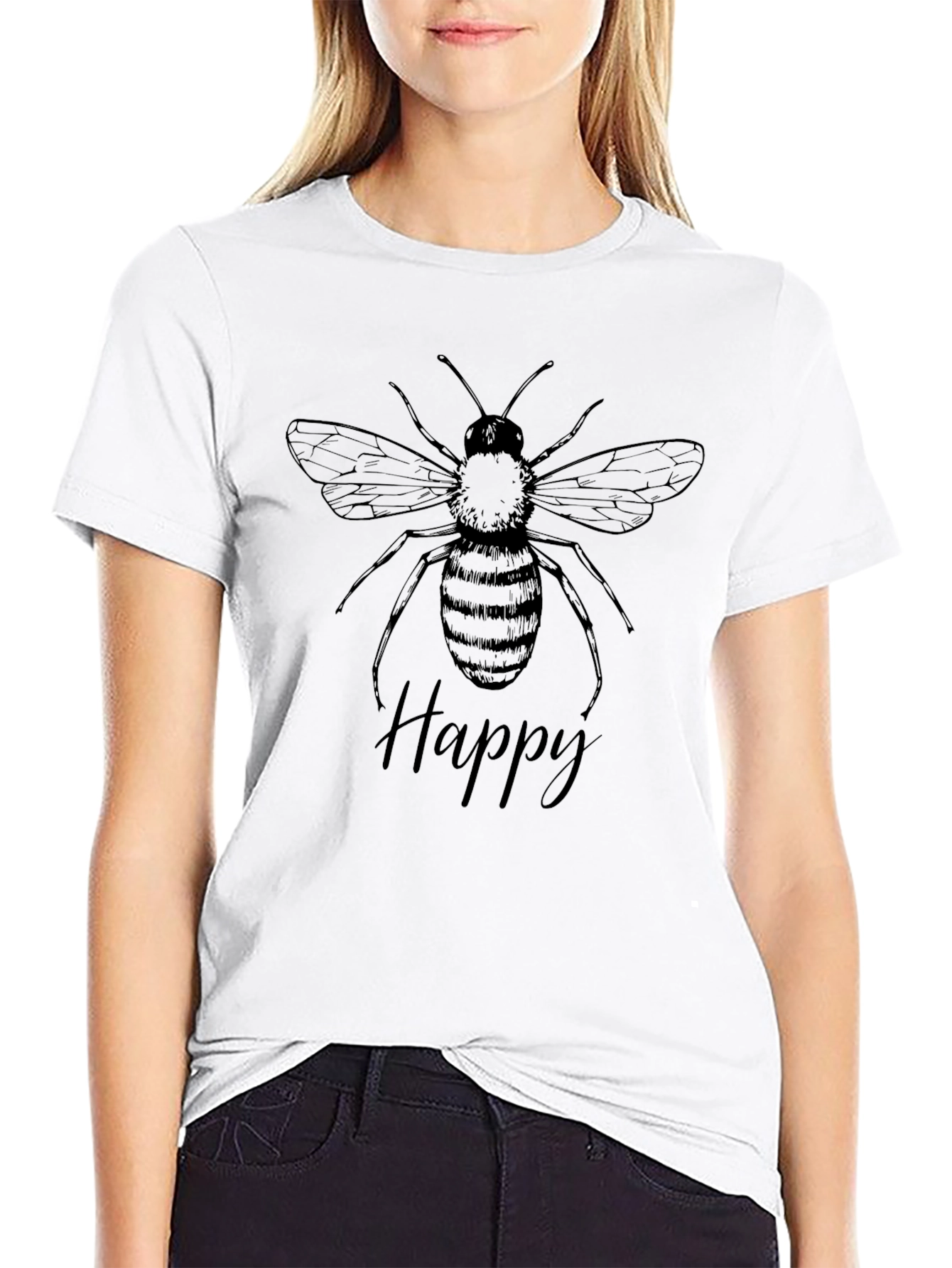 Happy Bee Graphic Tee - Black Cotton T-Shirt
