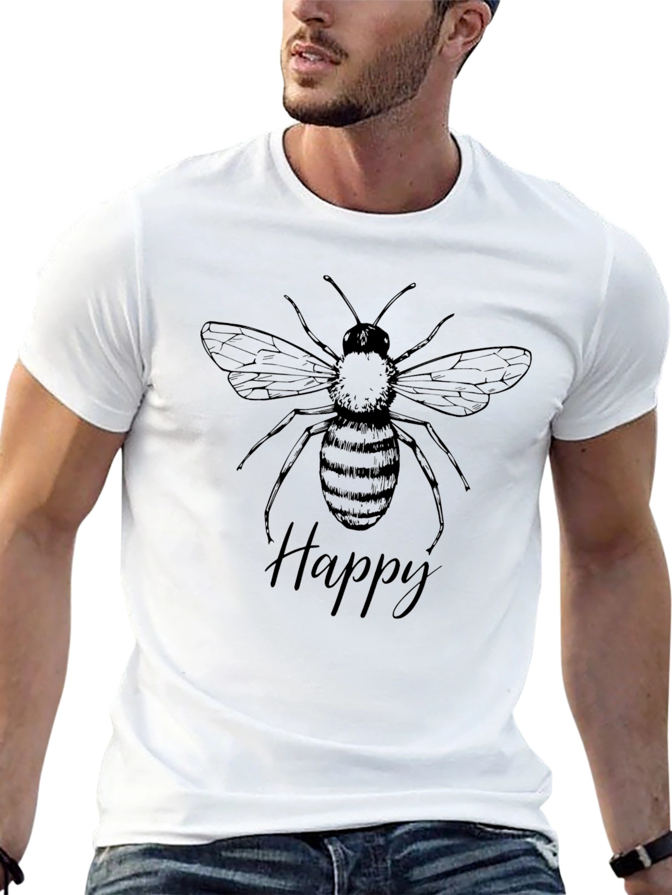 Happy Bee Graphic Tee - Black Cotton T-Shirt