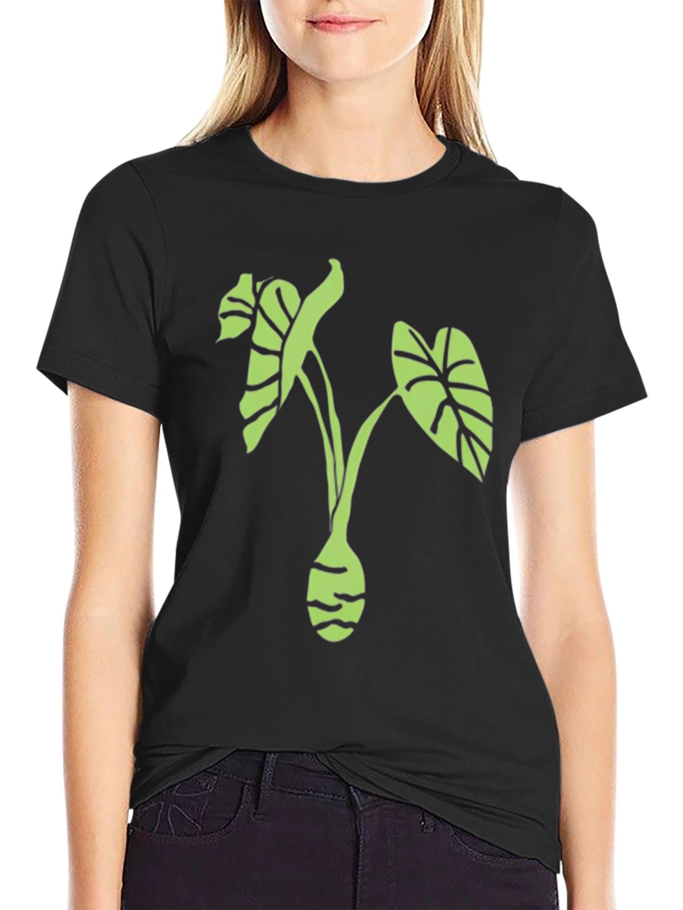 Black T-Shirt with Green Plant Design