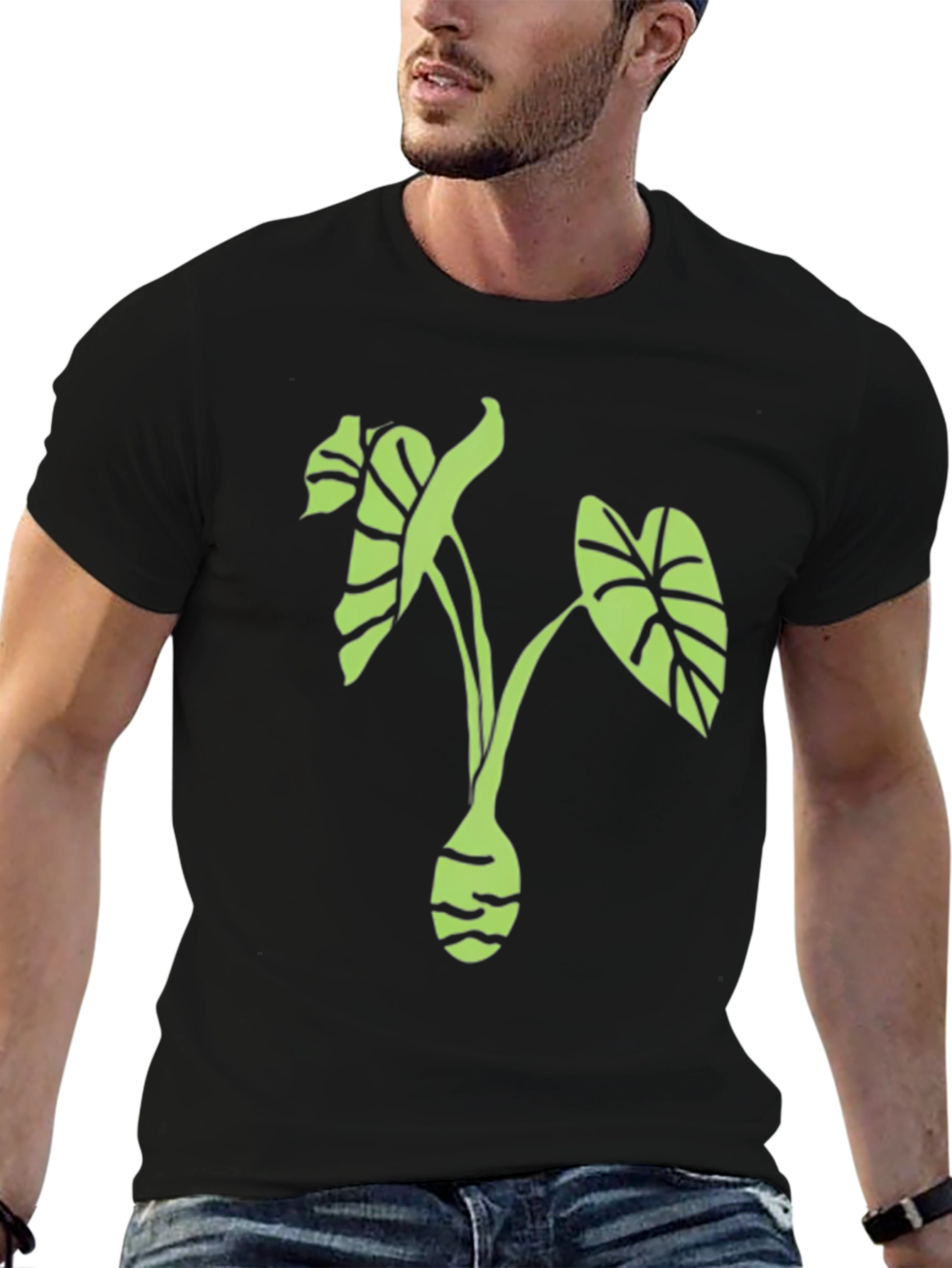 Black T-Shirt with Green Plant Design