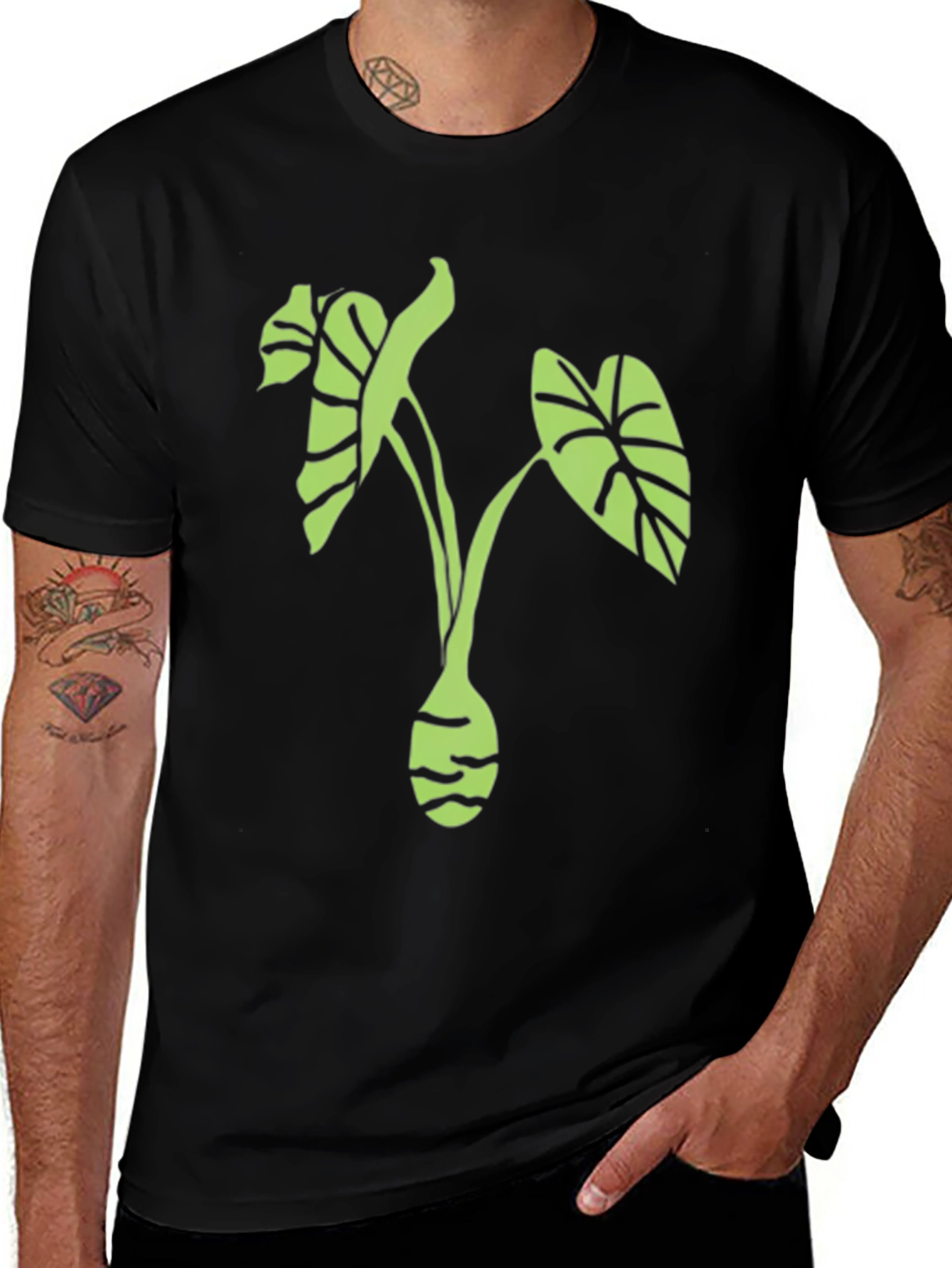 Black T-Shirt with Green Plant Design