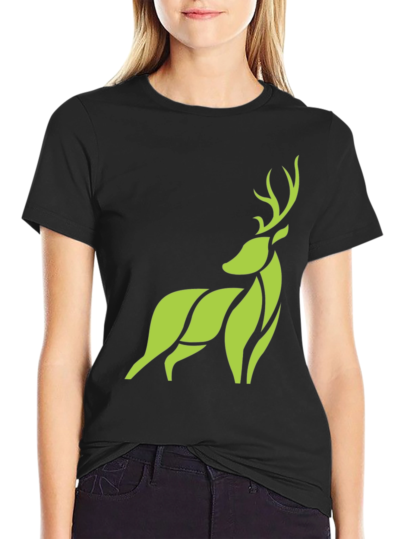 Modern Geometric Deer Graphic Tee - Black