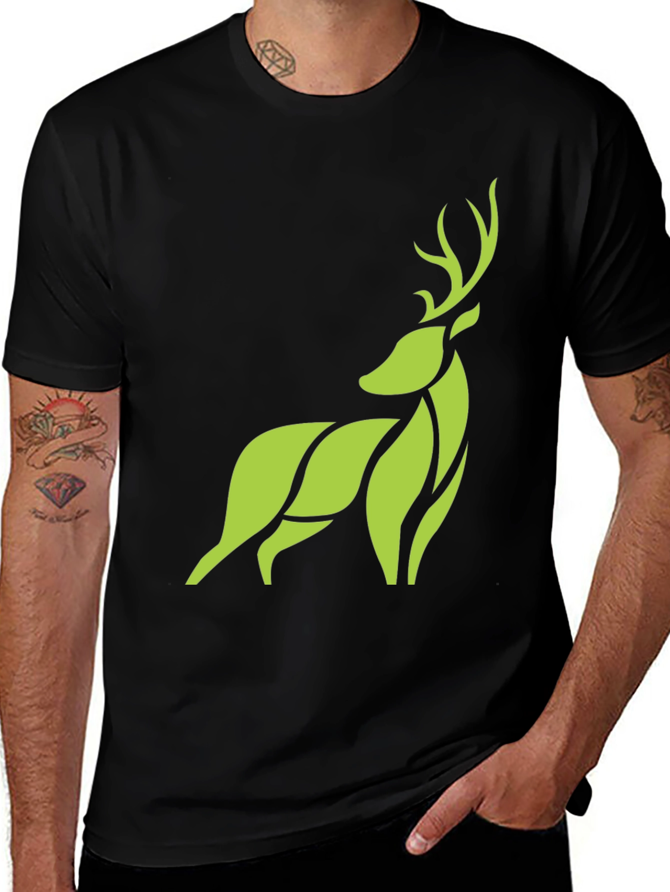 Modern Geometric Deer Graphic Tee - Black