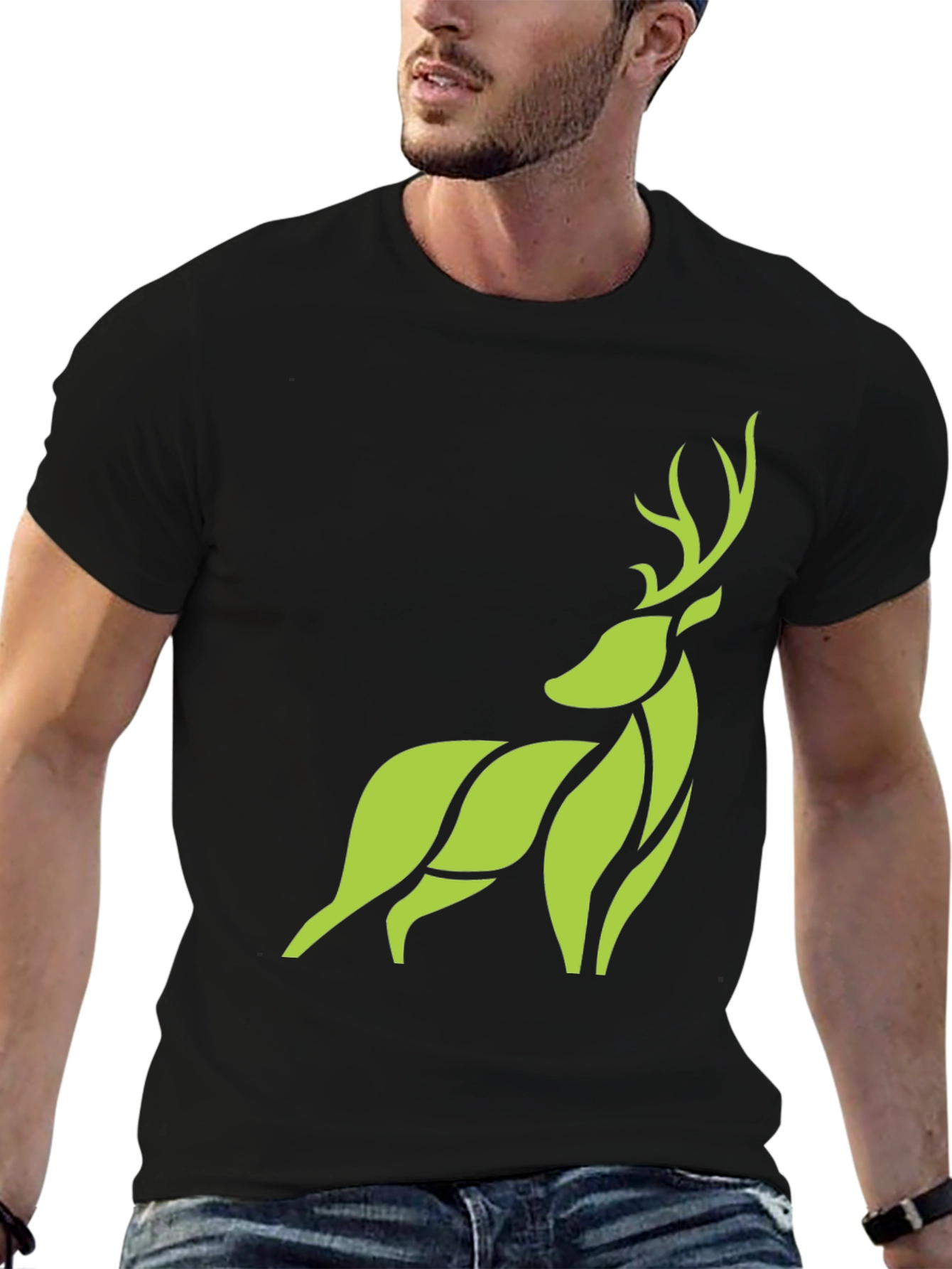 Modern Geometric Deer Graphic Tee - Black