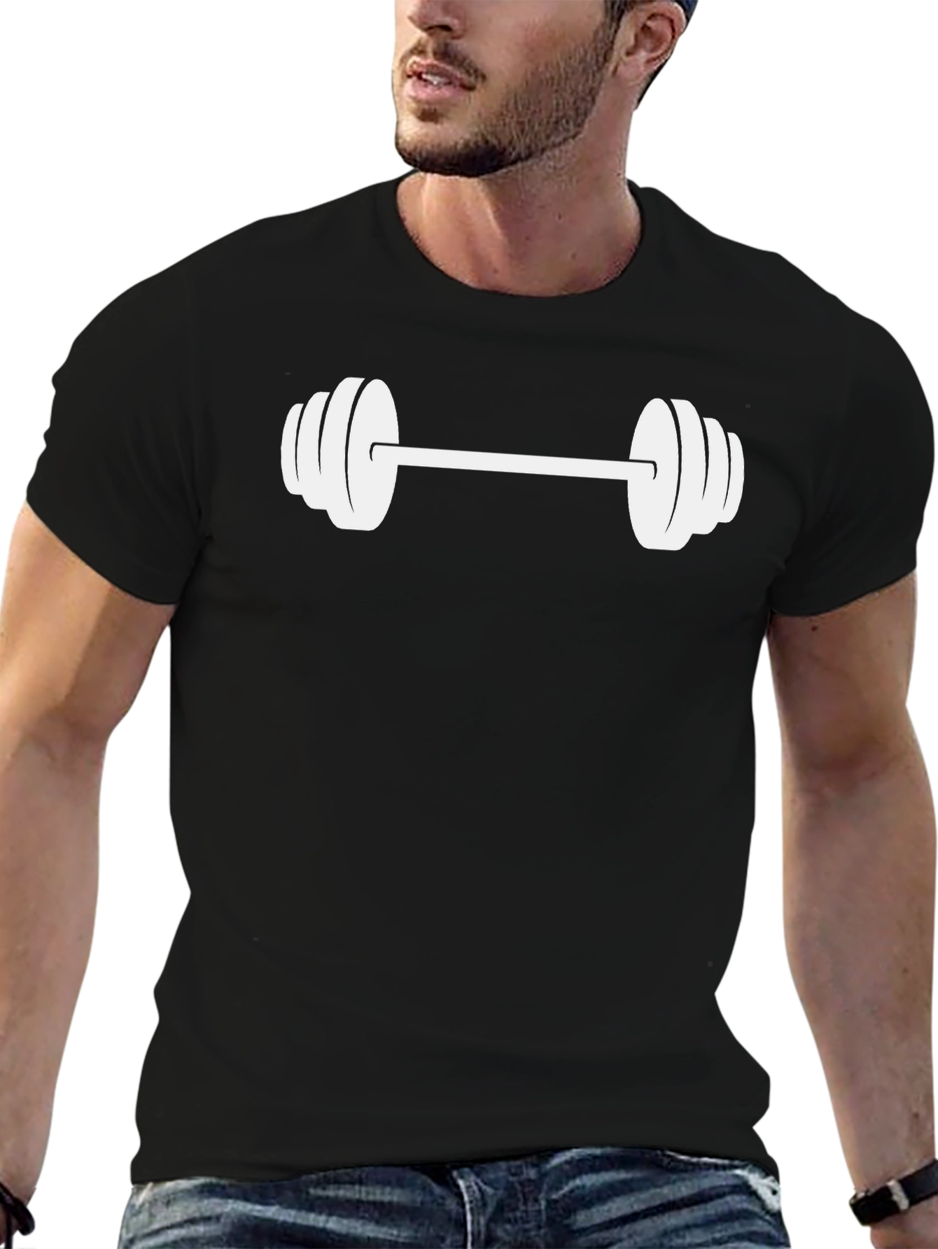 Black Graphic Tee with White Barbell Design