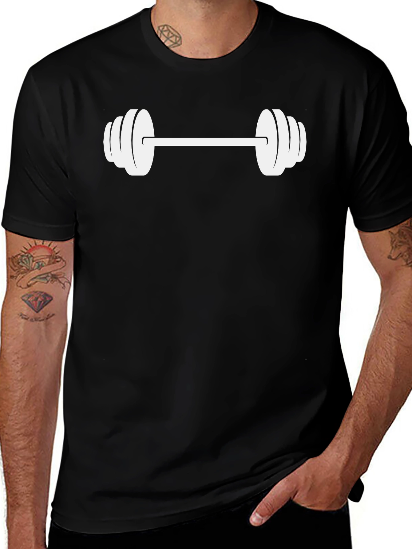 Black Graphic Tee with White Barbell Design