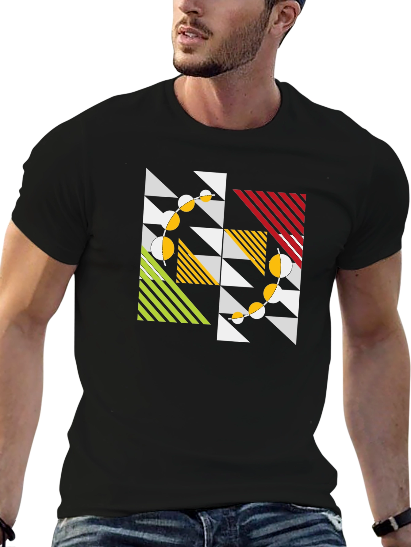 Geometric Pattern Black T-Shirt - Modern Art Style