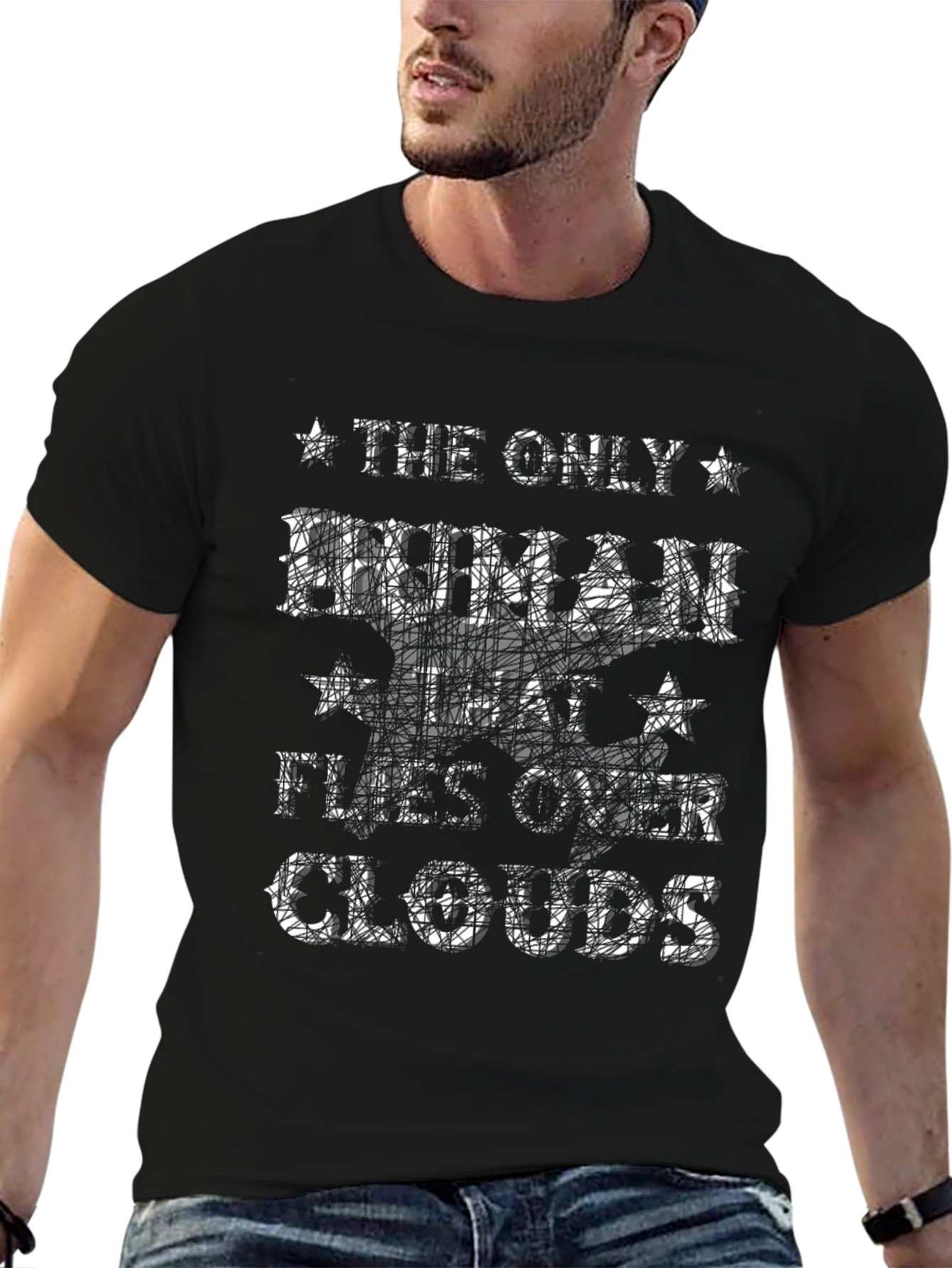 Human Flies Over Clouds Black Graphic Tee