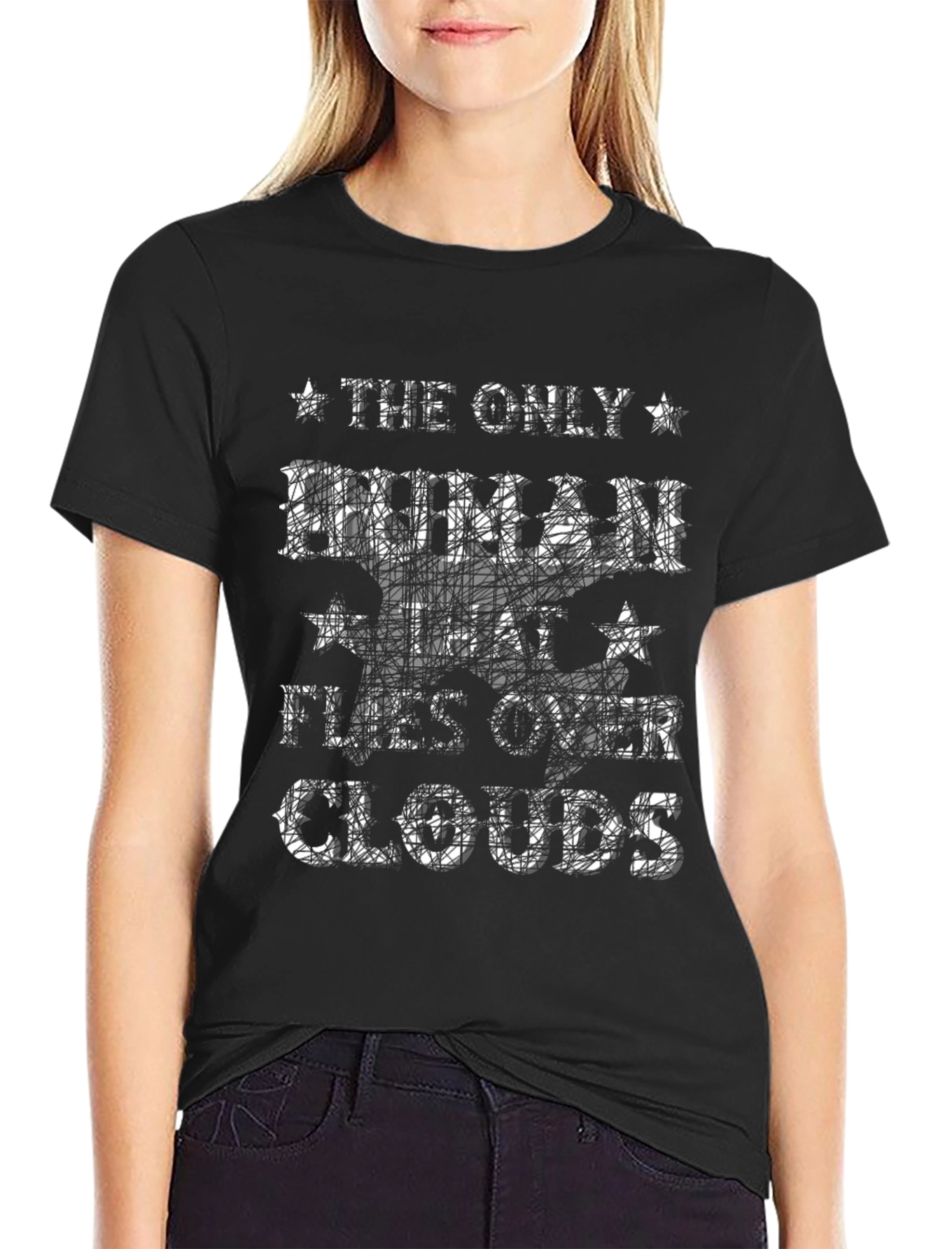 Human Flies Over Clouds Black Graphic Tee