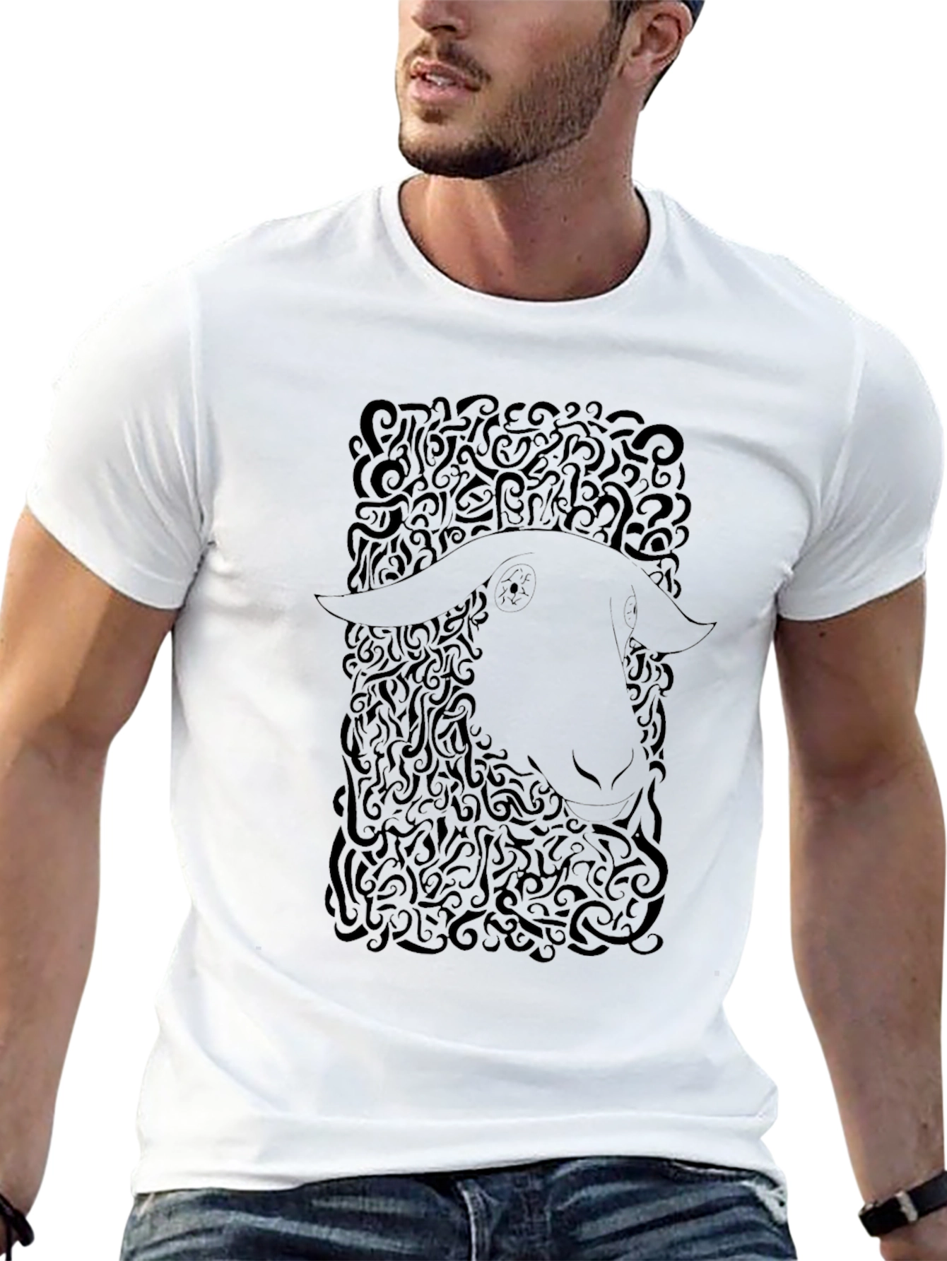 Abstract Sheep Graphic Tee - Black Cotton T-Shirt