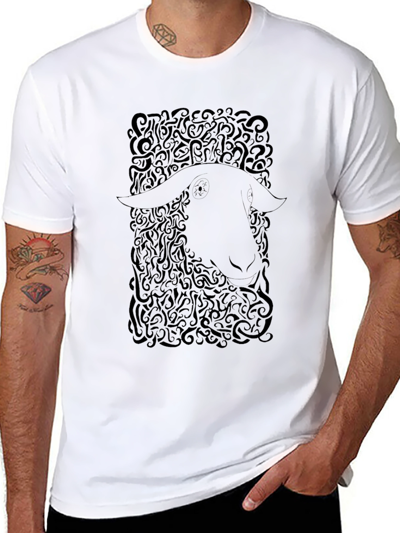 Abstract Sheep Graphic Tee - Black Cotton T-Shirt