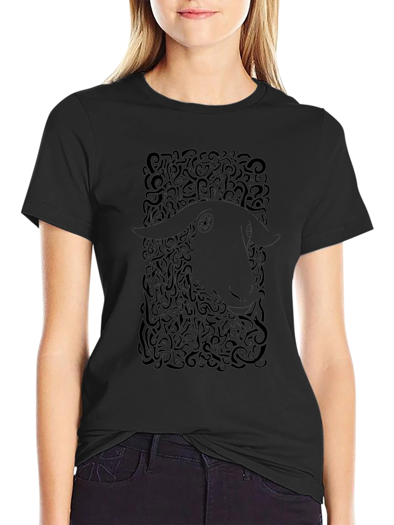 Abstract Sheep Graphic Tee - Black Cotton T-Shirt