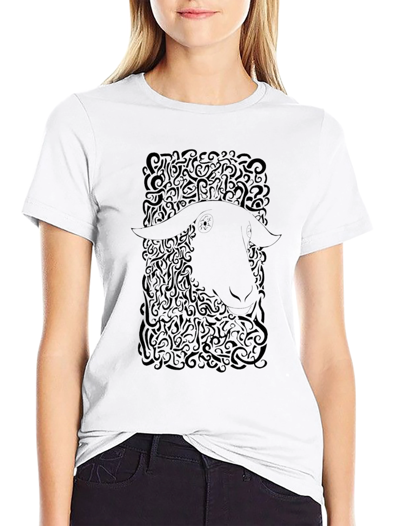 Abstract Sheep Graphic Tee - Black Cotton T-Shirt