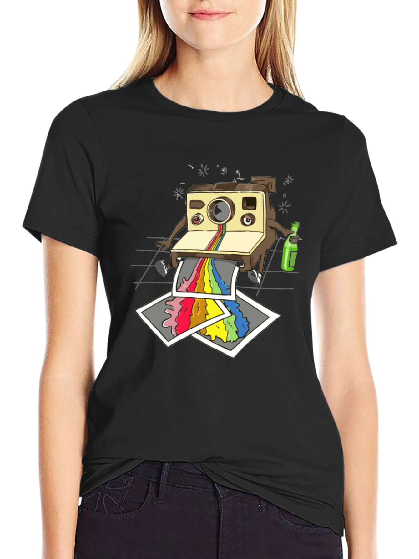 Funky Retro Camera Print Black T-Shirt
