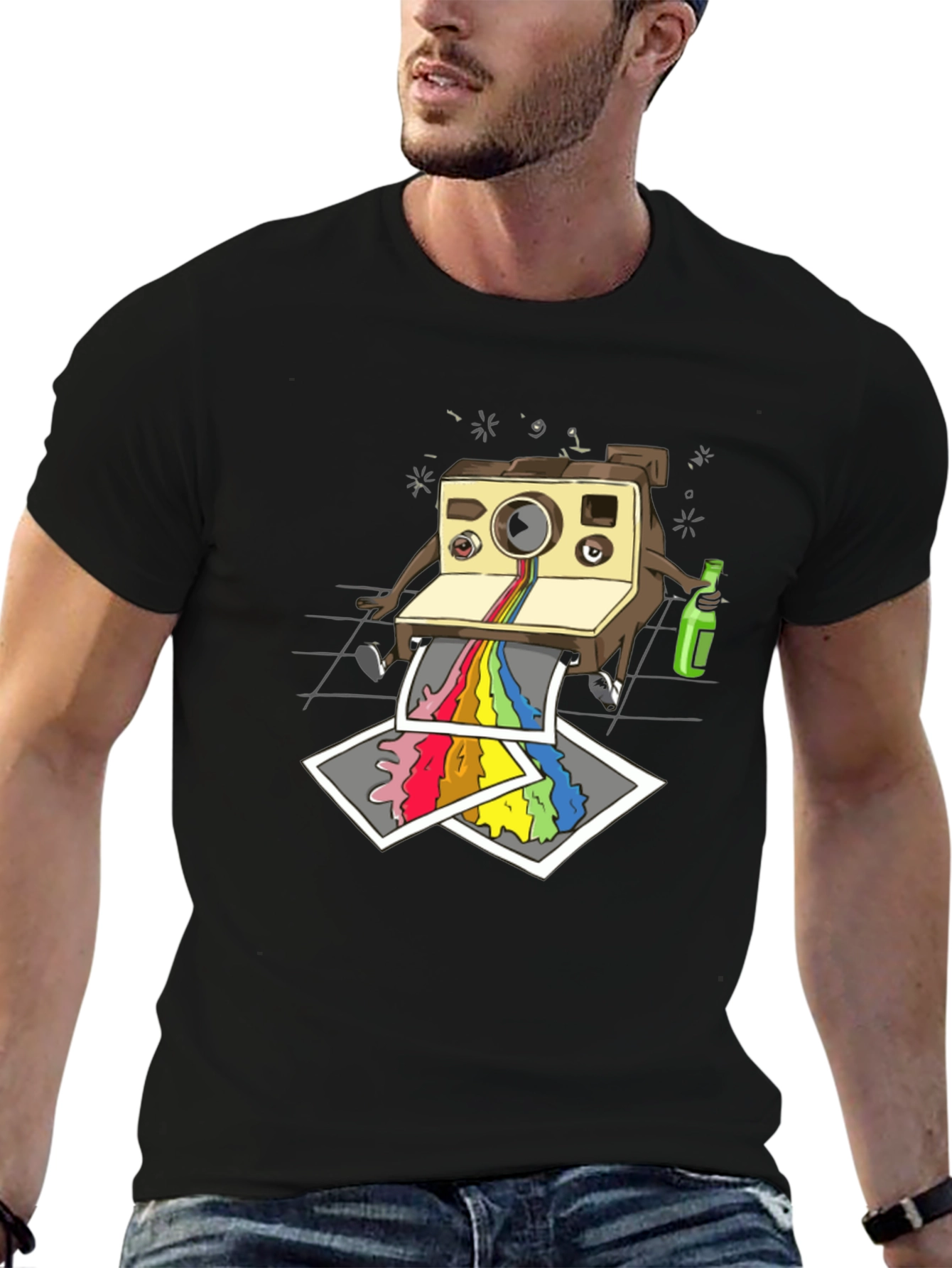 Funky Retro Camera Print Black T-Shirt