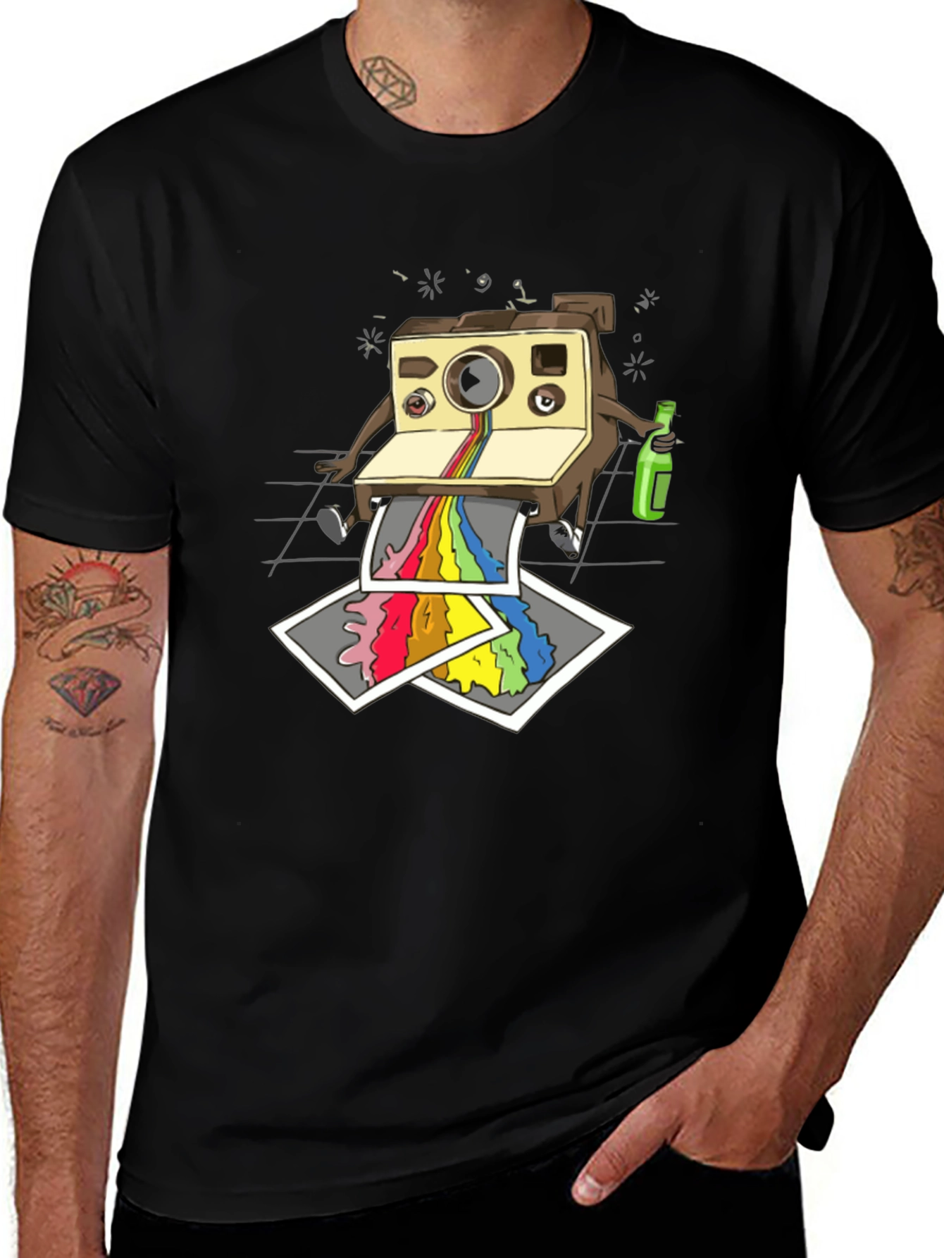 Funky Retro Camera Print Black T-Shirt