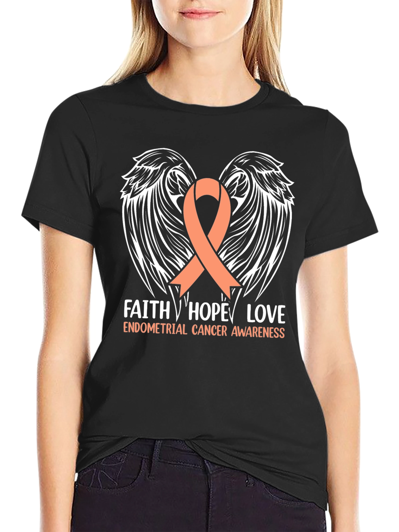Endometrial Cancer Awareness T-Shirt with Ribbon Wings Design