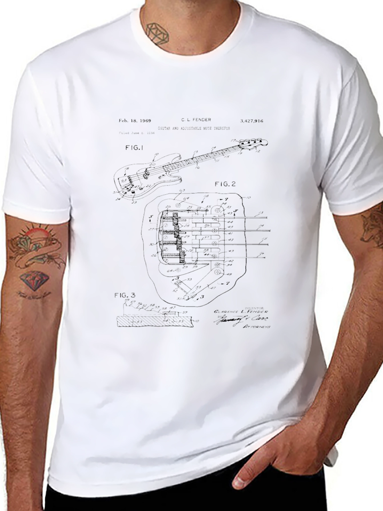 Bass Guitar Patent Print Black T-Shirt