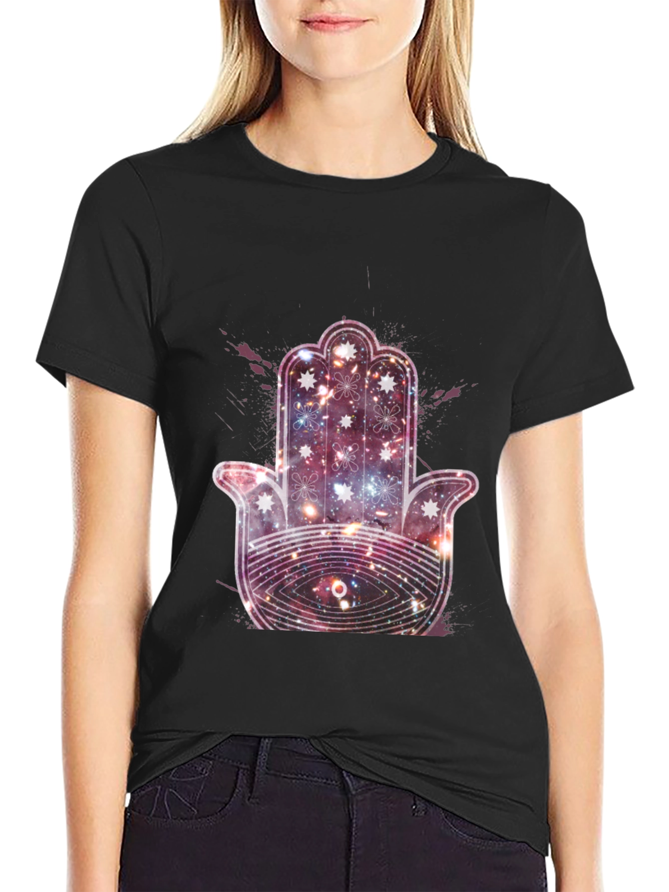Galaxy Hamsa Hand Graphic Tee - Cosmic Protection