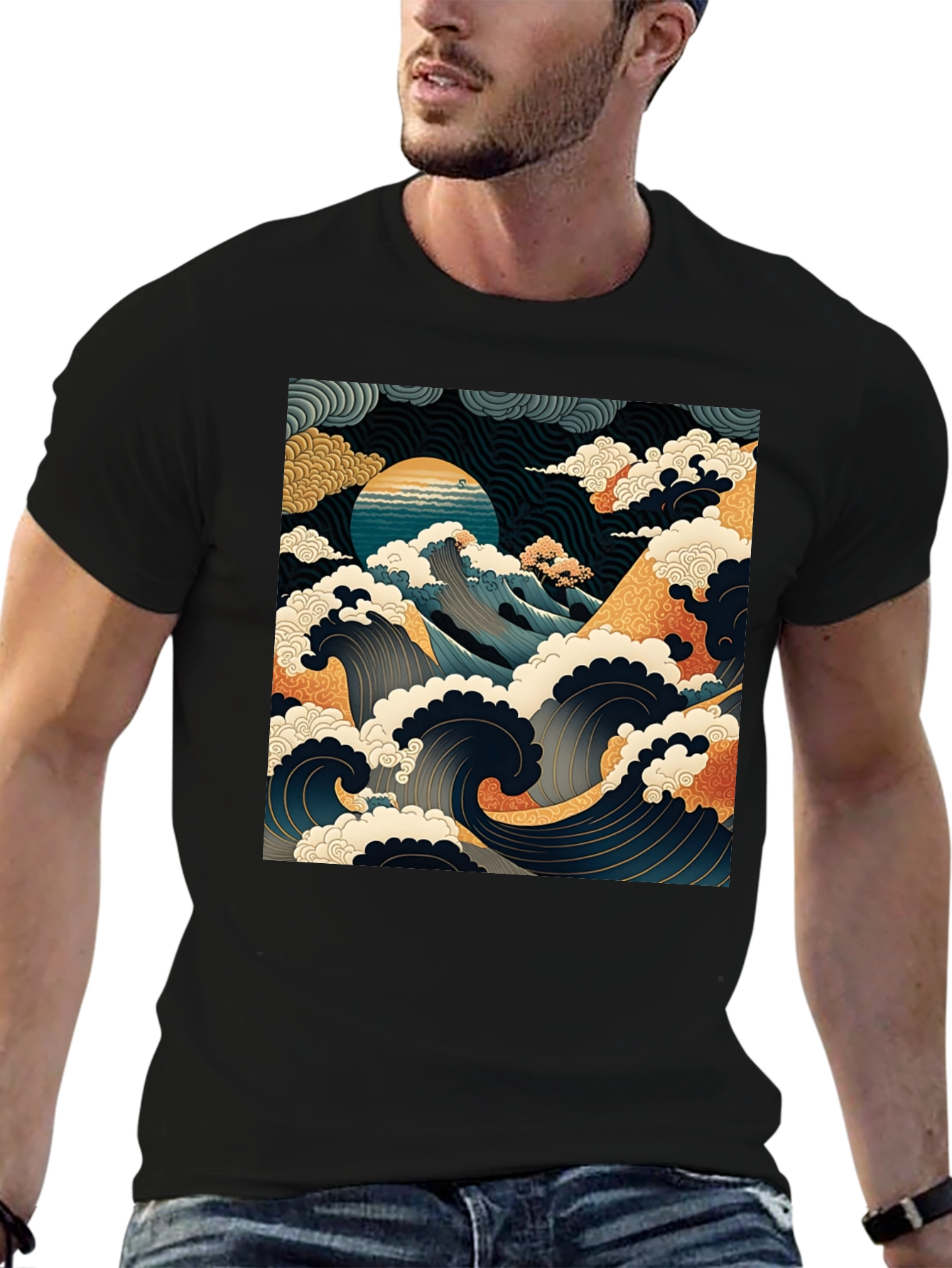 Great Wave Graphic Tee - Black Cotton T-Shirt