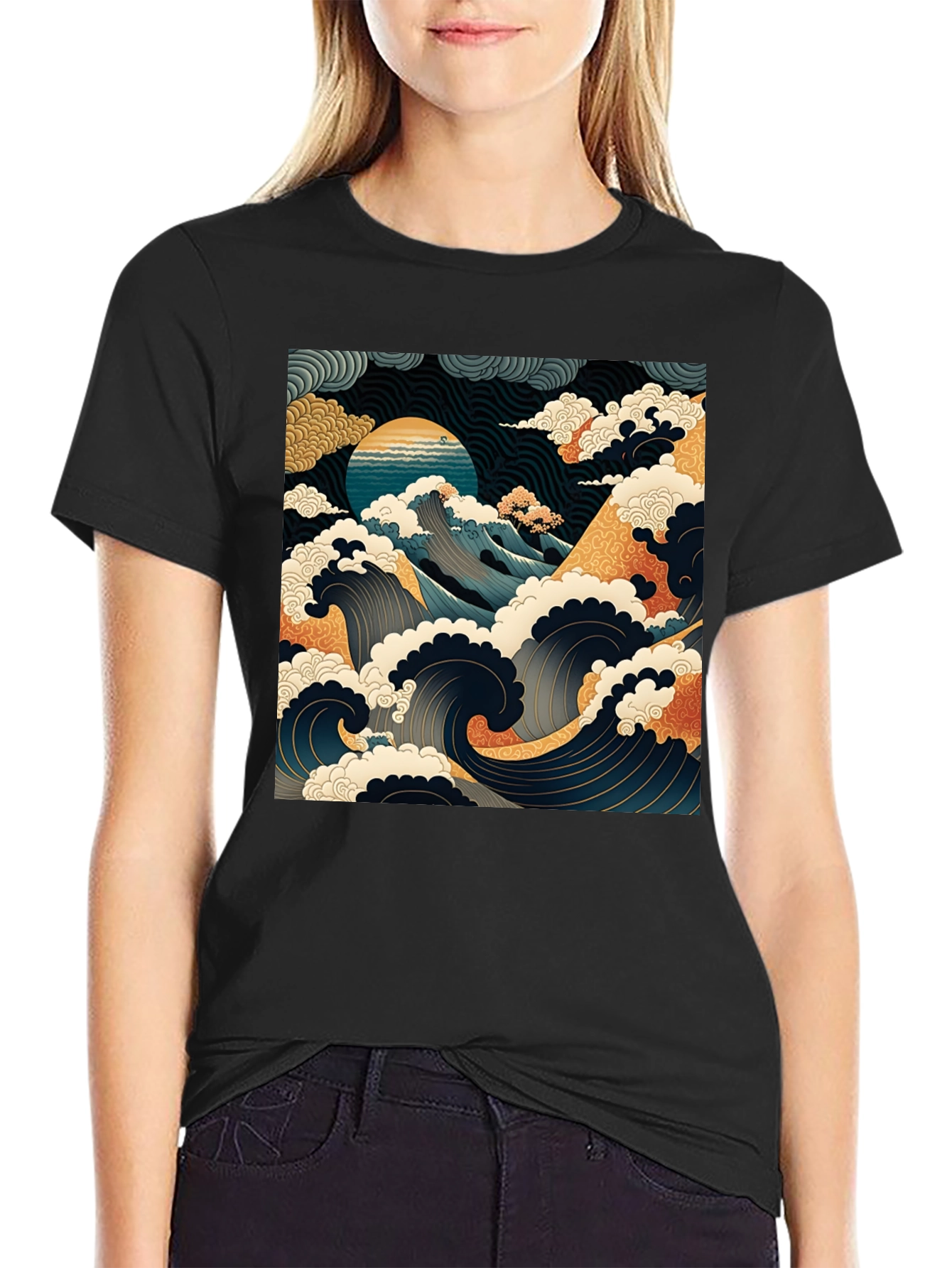 Great Wave Graphic Tee - Black Cotton T-Shirt