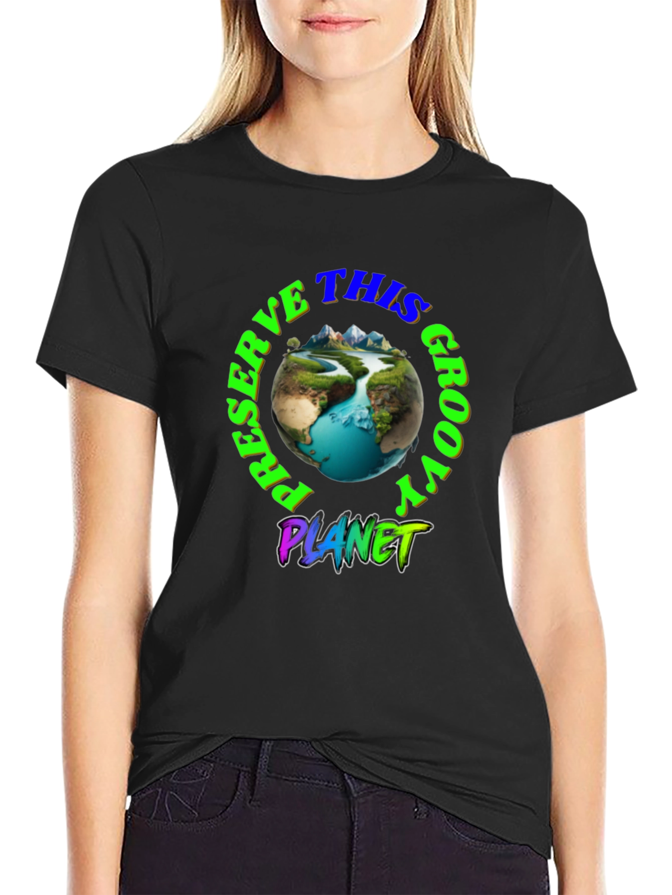 Preserve This Groovy Planet Black Graphic T-Shirt
