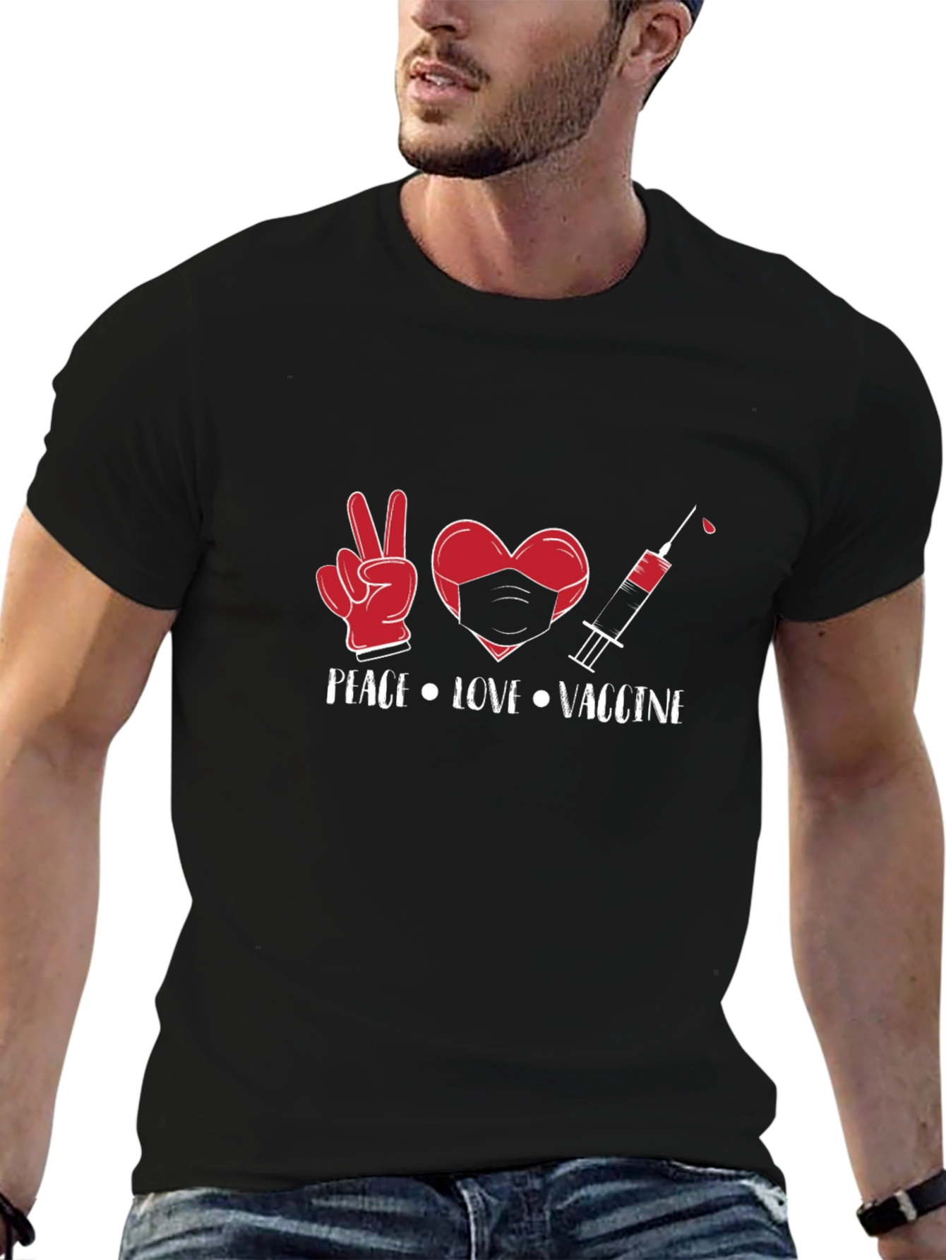 Peace Love Vaccine Graphic Tee - Black Cotton T-Shirt