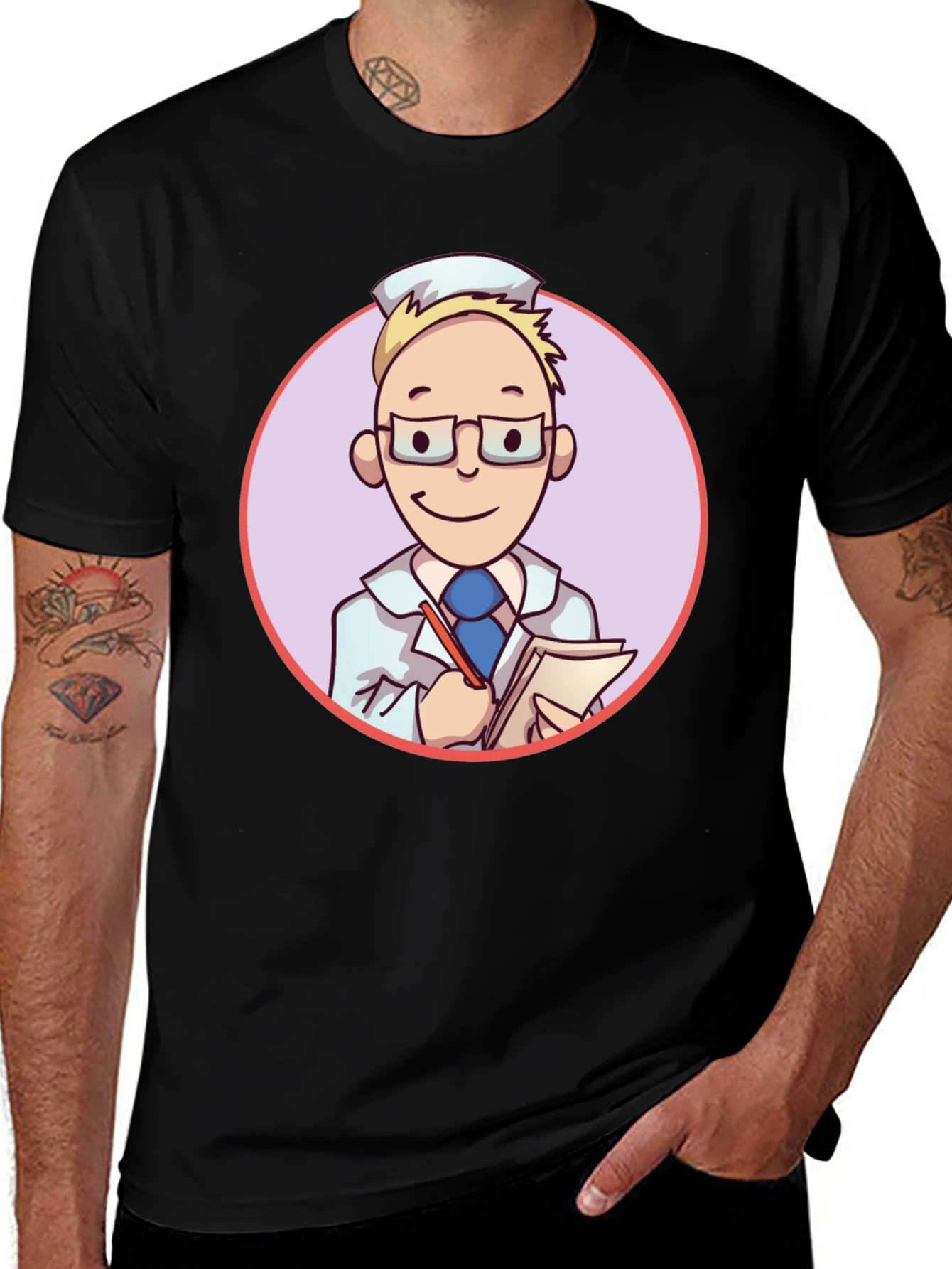 Cartoon Doctor Graphic Tee - Unisex Black T-Shirt