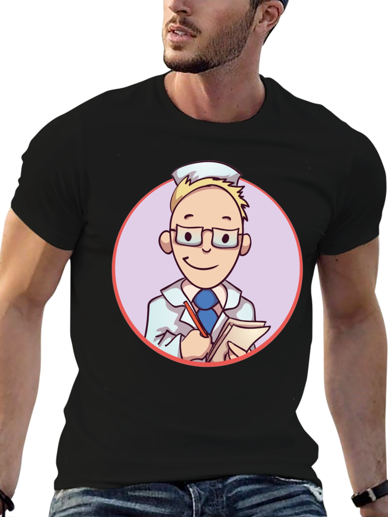 Cartoon Doctor Graphic Tee - Unisex Black T-Shirt